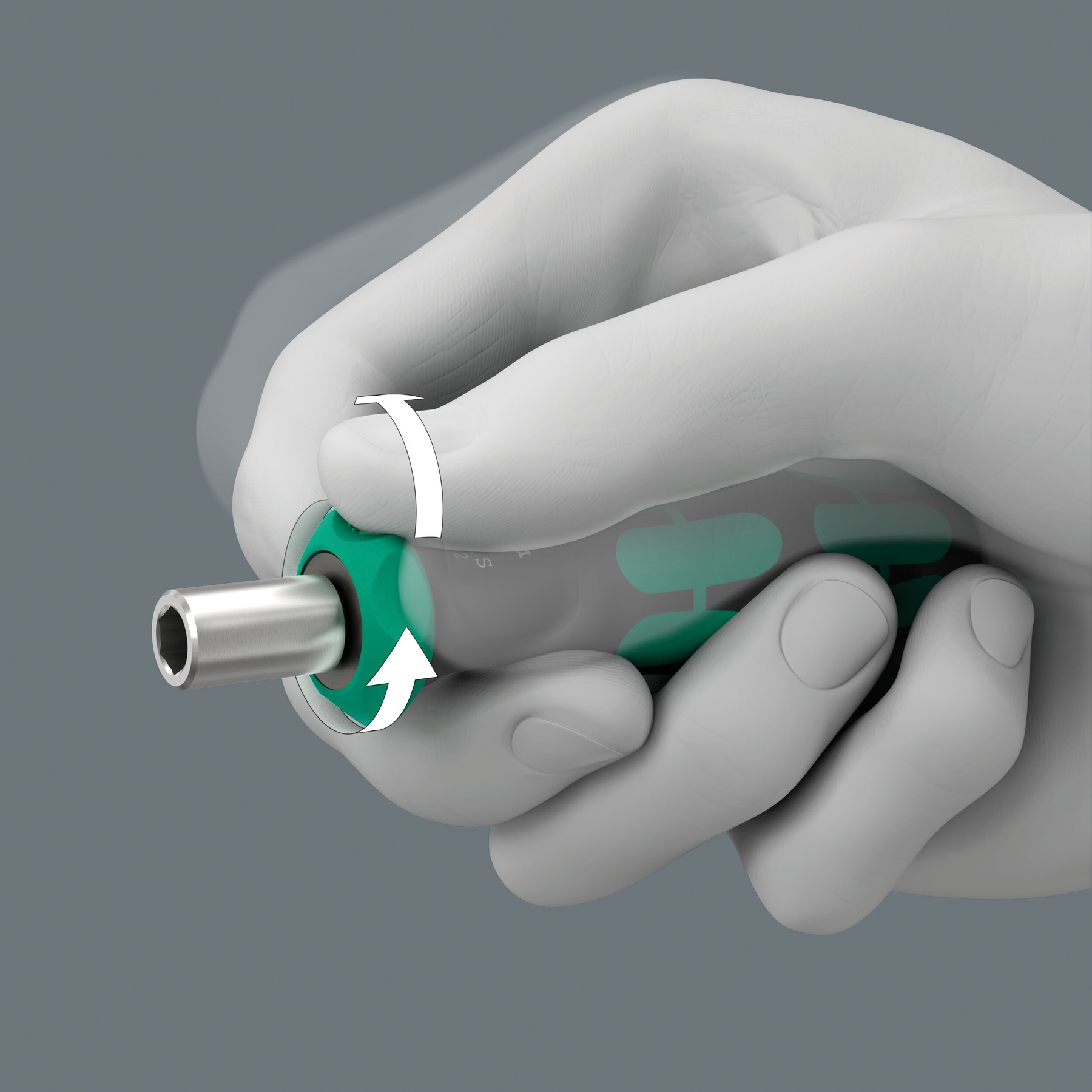 Dłoń trzyma śrubokręt, obracając go. Śrubokręt jest szary i zielony. Strzałki wskazują kierunek obrotu.