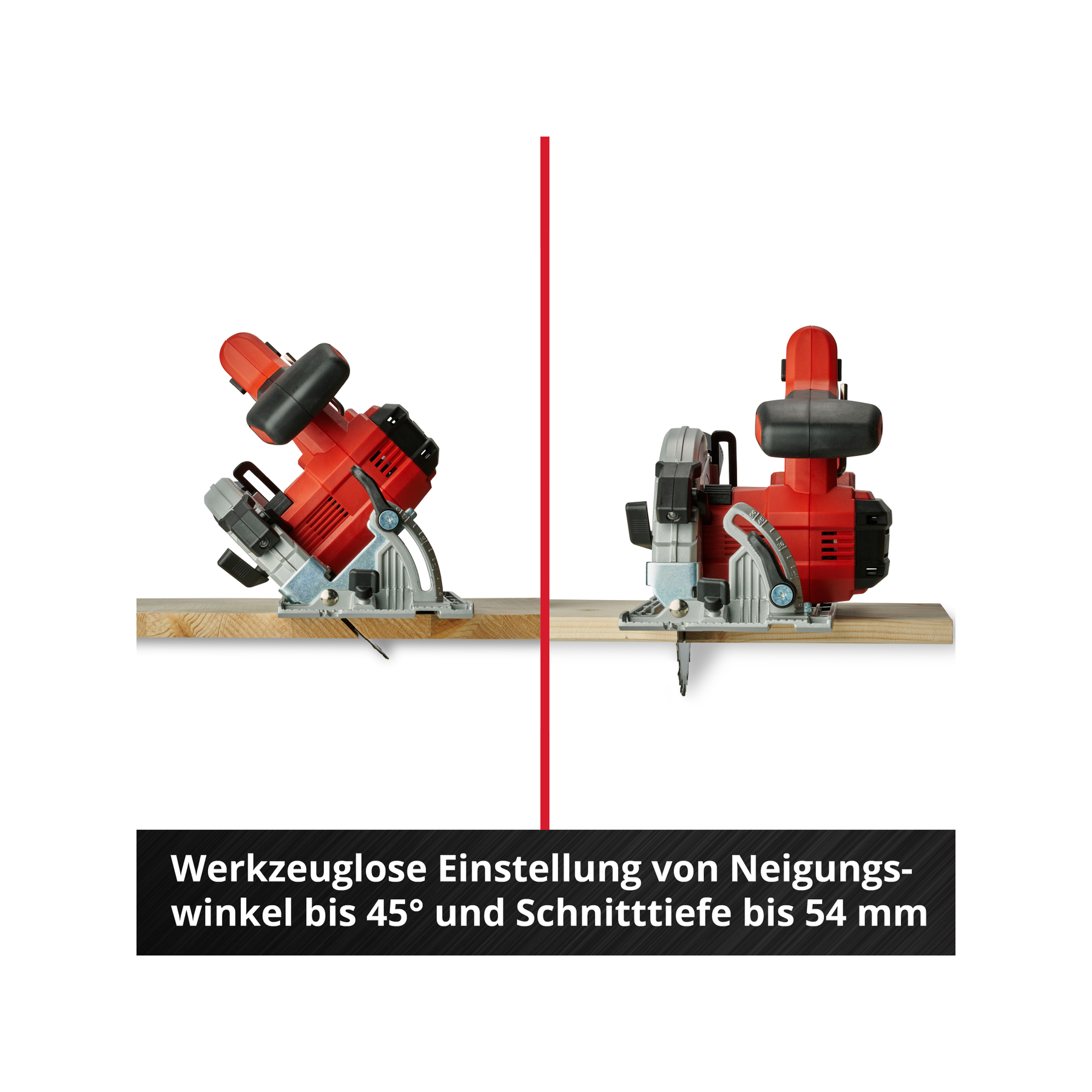 Dwie czerwone piły tarczowe na drewnie. Piły są ustawione pod kątem. Tekst poniżej brzmi: Beznarzędziowa regulacja kąta nachylenia do 45° i głębokości cięcia do 54 mm.