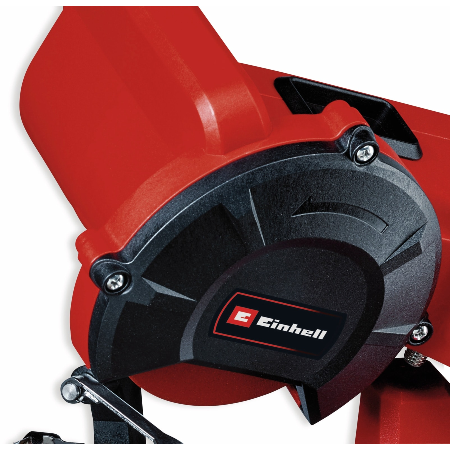 Nahaufnahme eines rot-schwarzen Elektrowerkzeugs. Das Einhell-Logo ist sichtbar. Schrauben und andere mechanische Teile sind abgebildet.