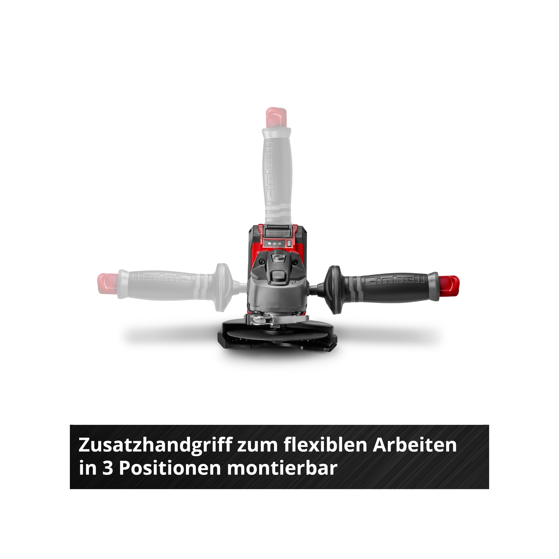 Szlifierka kątowa z regulowanym uchwytem. Główny korpus szary i czerwony. Uchwyty czarne i szare. Tekst na dole.