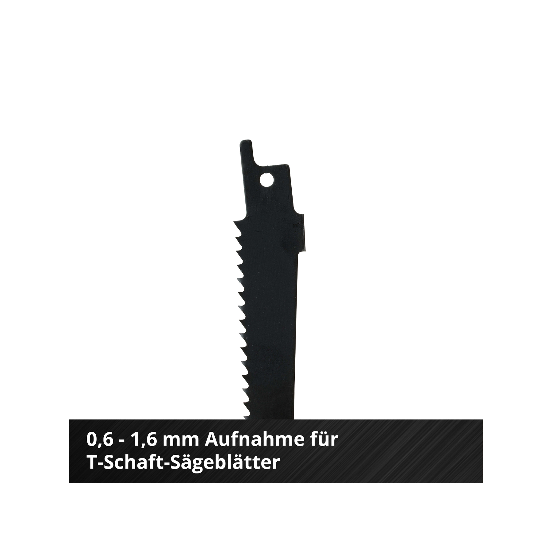 Czarny brzeszczot do wyrzynarki z zębami. Tekst na dole: 0,6 - 1,6 mm Aufnahme für T-Schaft-Sägeblätter na czarnym prostokącie.
