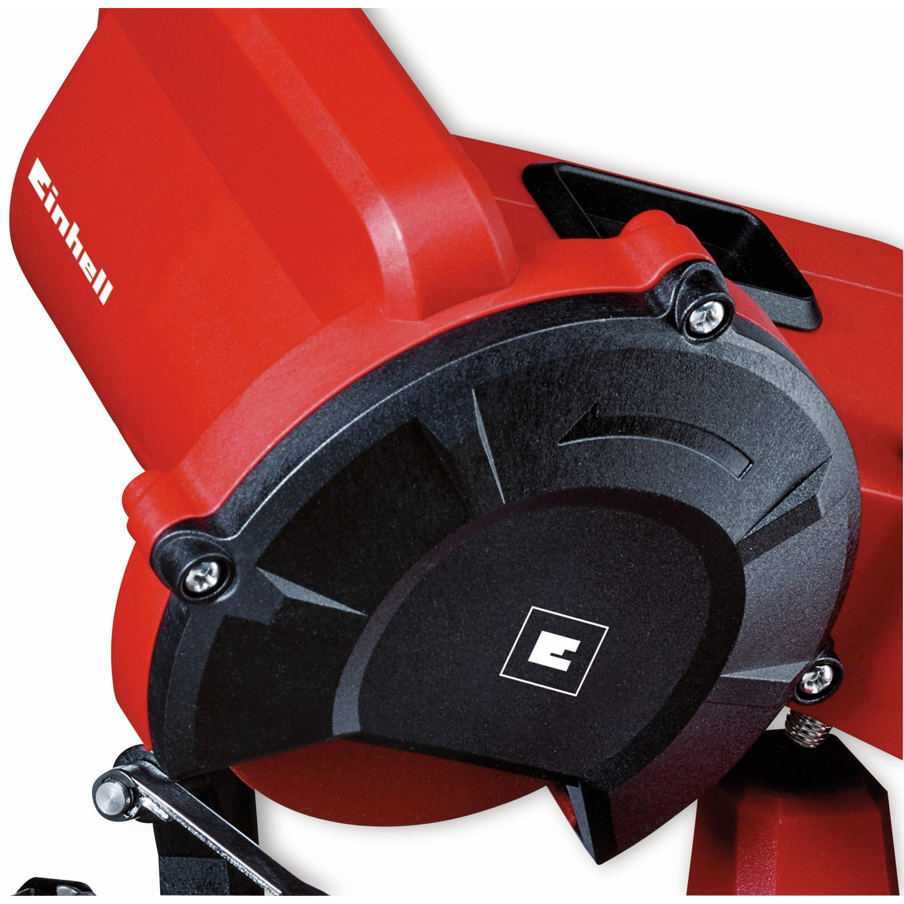 Detailansicht eines roten und schwarzen Elektrowerkzeugs. Das Einhell-Logo ist sichtbar. Schwarzes Kreisteil mit weißem Logo und Schrauben.