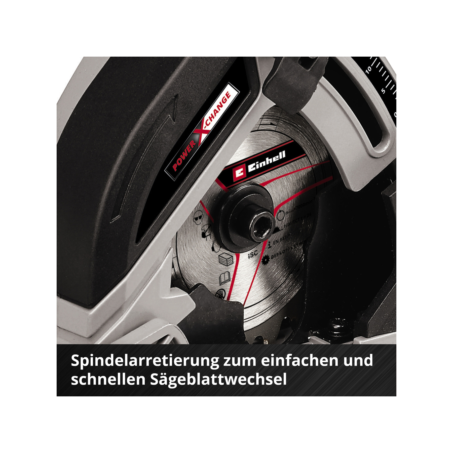 Eine Kreissäge mit silbernem Blatt, schwarzem Gehäuse und roten Akzenten. Verfügt über eine Blattverriegelung.