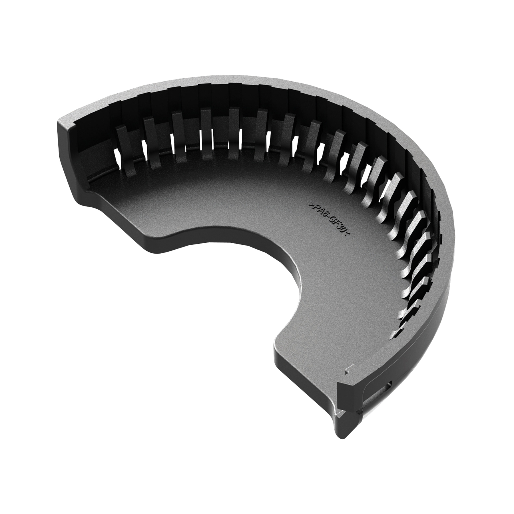 Szara, zakrzywiona, plastikowa część z prostokątnymi wycięciami. Widoczny tekst '<gt/>PAG-GF30<lt/>'. Tło jest białe.