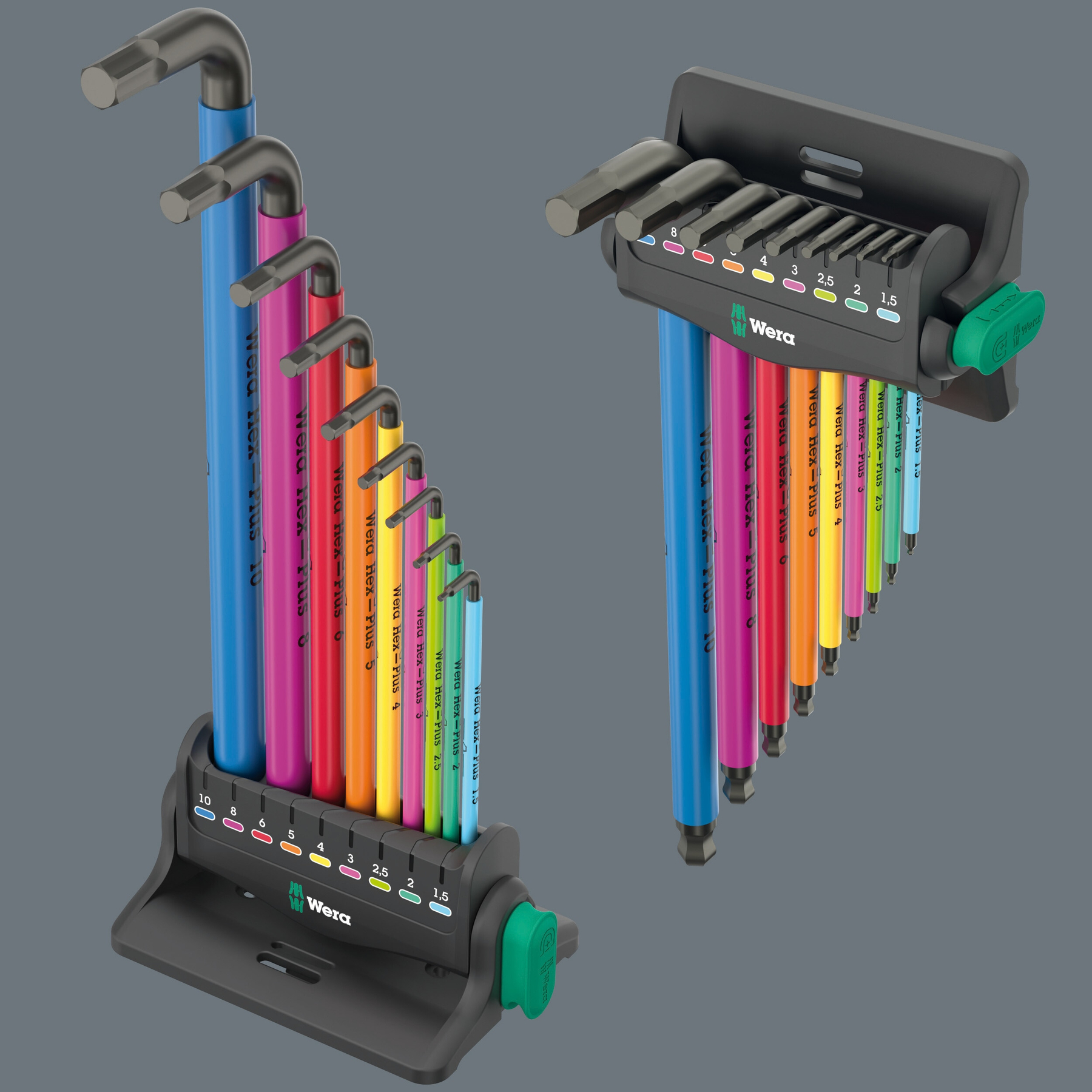 Due set di chiavi a brugola colorate, disposte su supporti. Ogni chiave è di un colore diverso, con indicazioni di misura.