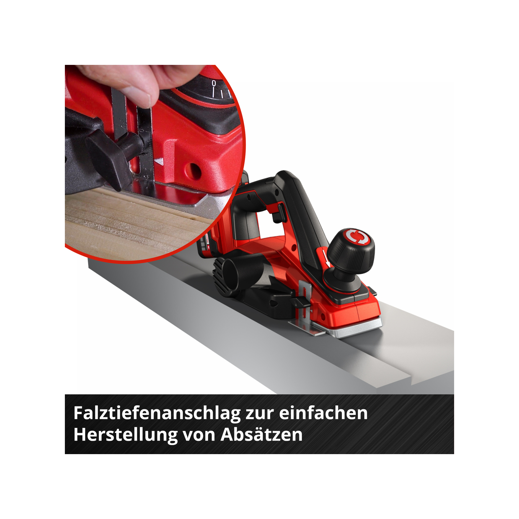 Czerwona i czarna strugarka elektryczna na szarej powierzchni, z ręką regulującą głębokość. Tekst: Falztiefenanschlag zur einfachen Herstellung von Absätzen.