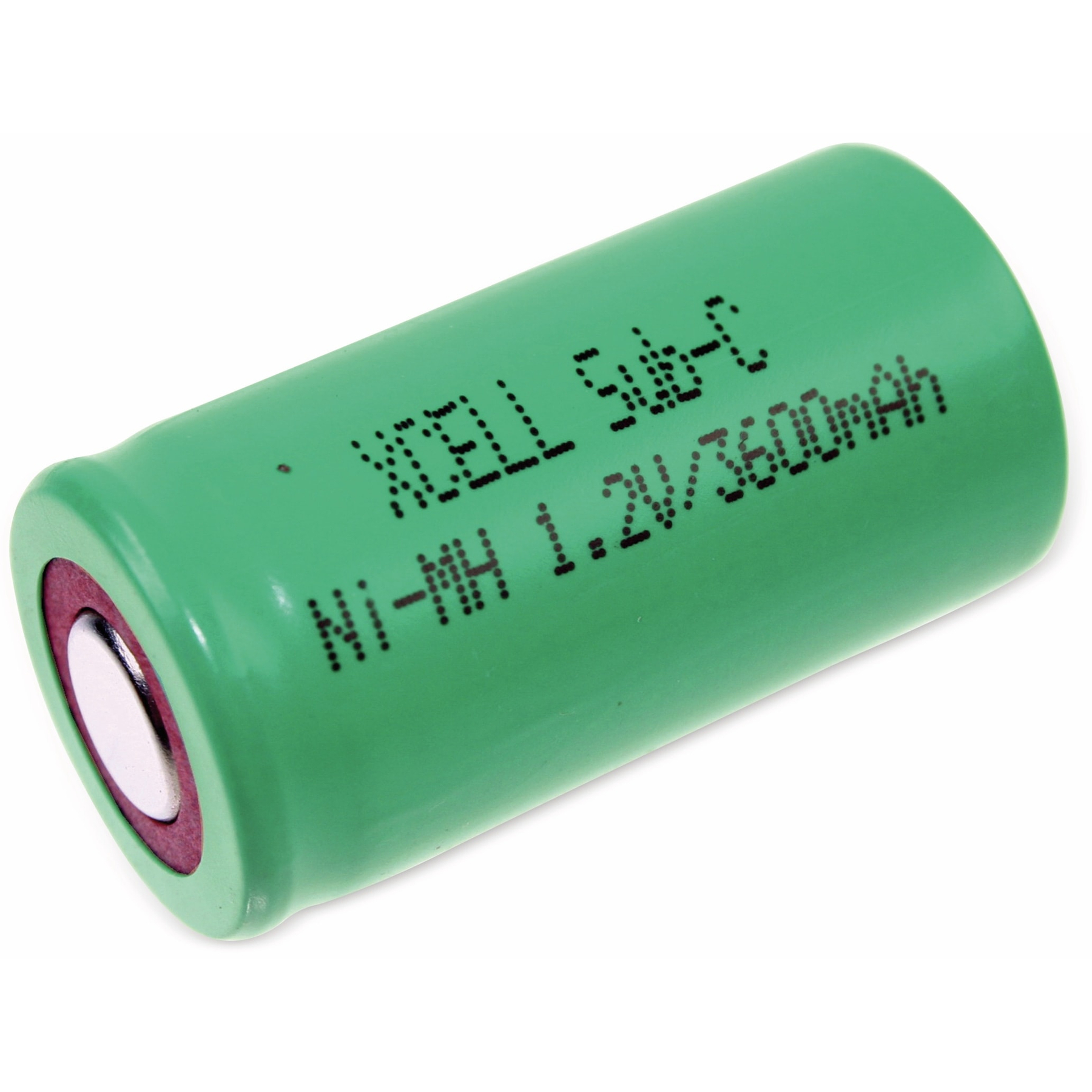 Eine grüne zylindrische Batterie mit schwarzem Text. Die Batterie hat eine Metalloberseite und befindet sich auf weißem Hintergrund.