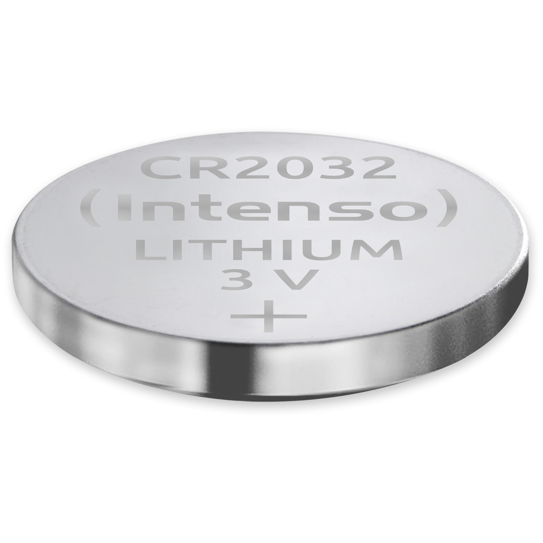 Srebrna bateria CR2032 z tekstem: CR2032, (Intenso), LITHIUM 3 V i znakiem plus. Tło jest białe.