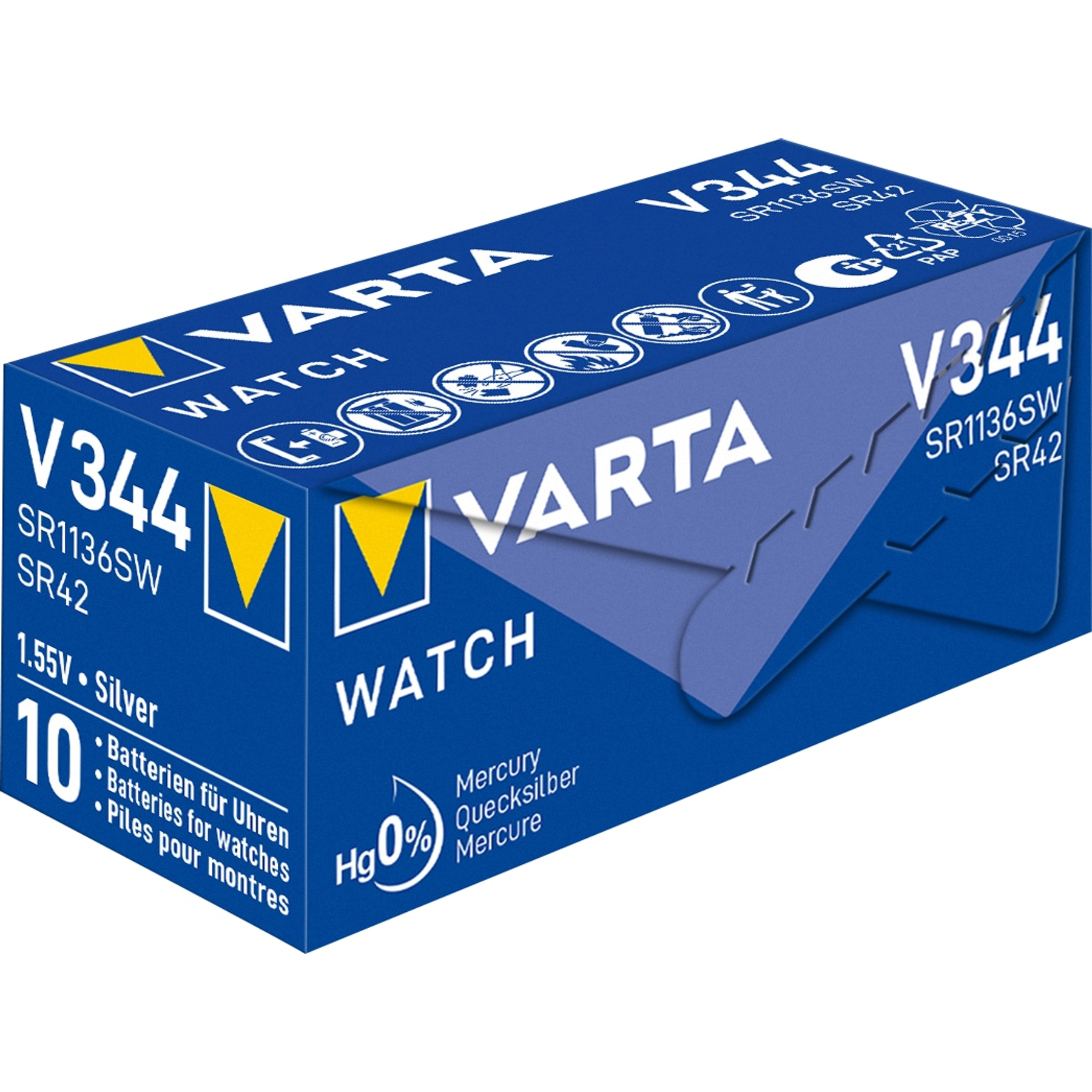 Pudełko na baterie do zegarków Varta. Jest niebieskie z białym tekstem. Pudełko zawiera baterie V344 SR1136SW SR42.