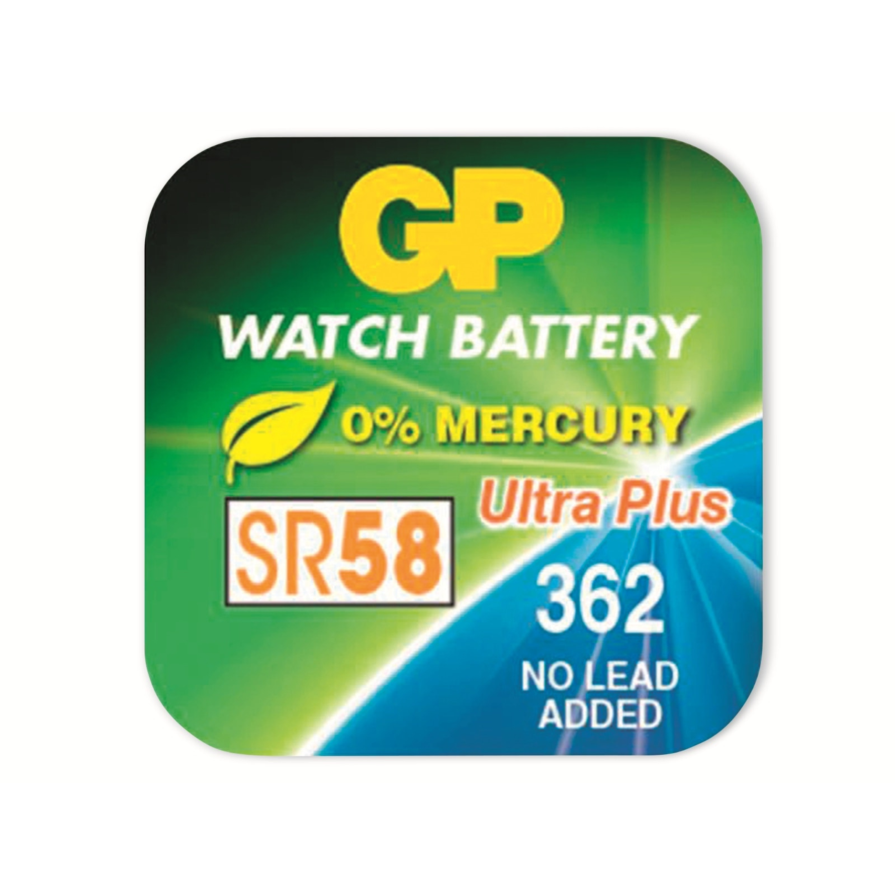 Ein Uhrenbatterie-Etikett mit 'GP', 'Watch Battery', '0% Mercury' und 'SR58'. Es hat auch 'Ultra Plus' und '362'.