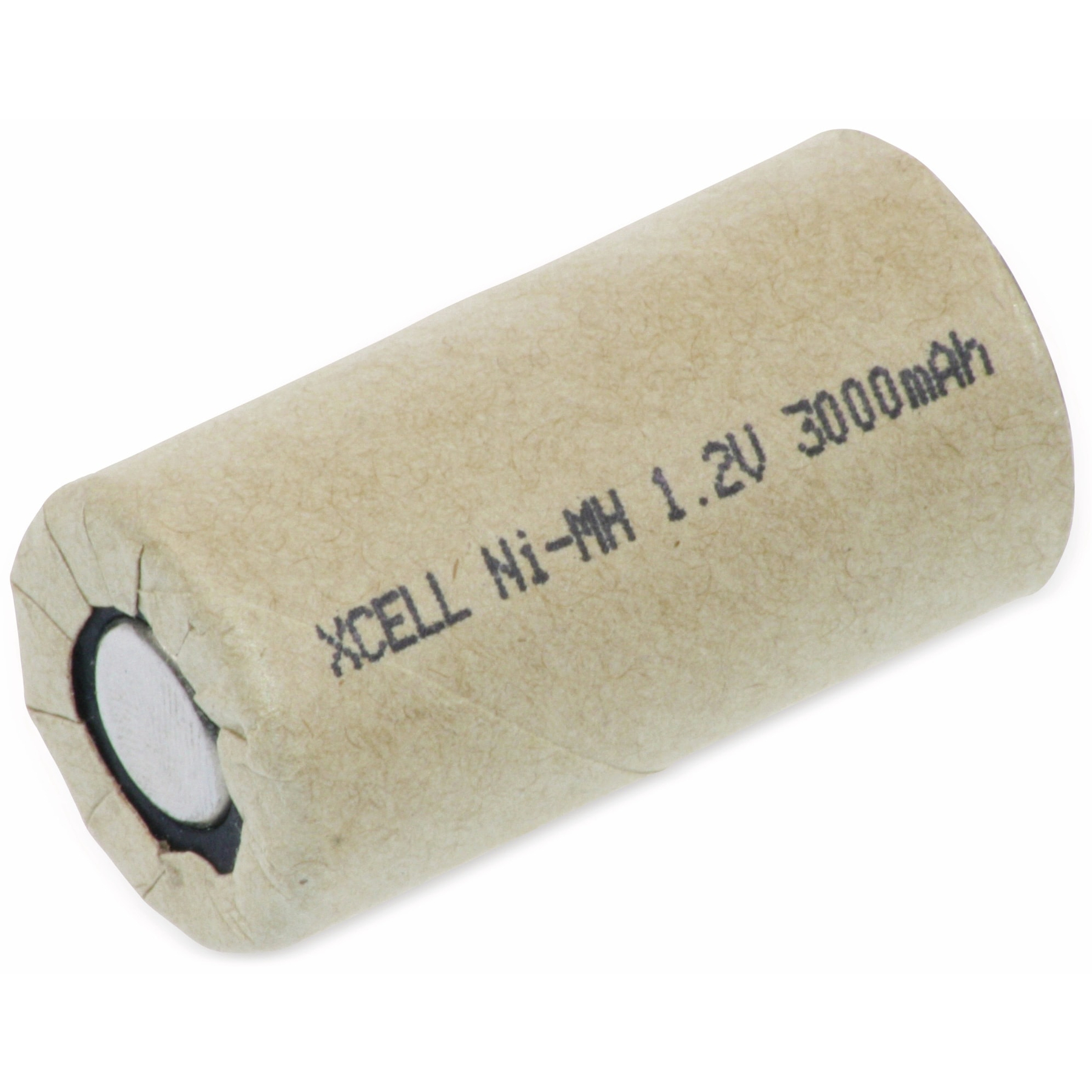 Eine zylindrische Batterie mit beiger Umhüllung. Aufschrift: 'XCELL Ni-MH 1.2V 3000mAh'. Enden sind schwarz und silbern.