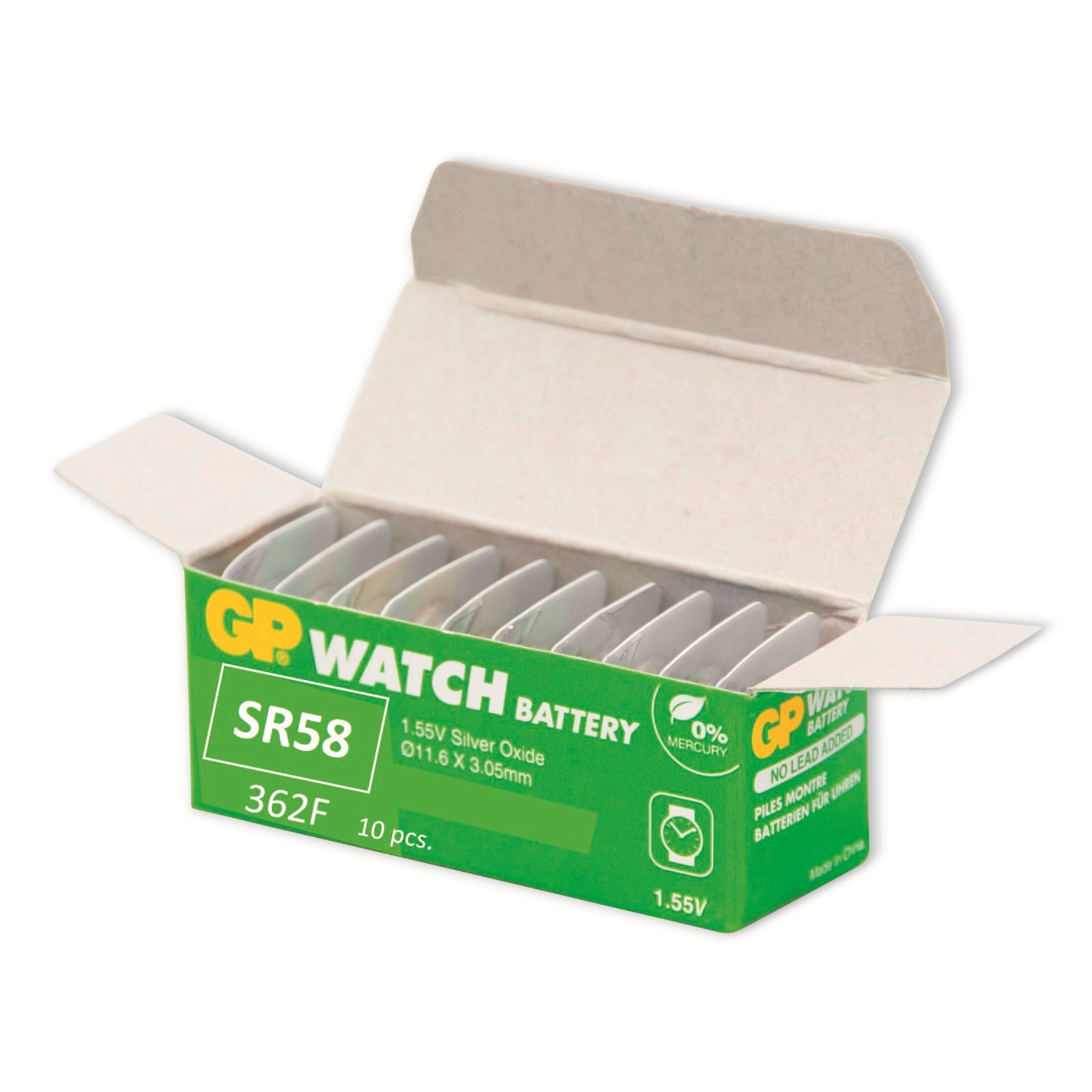 Schachtel mit GP-Uhrenbatterien. Grüne Schachtel mit weißen Batterien. Text: SR58, 1,55 V Silberoxid, 362F.