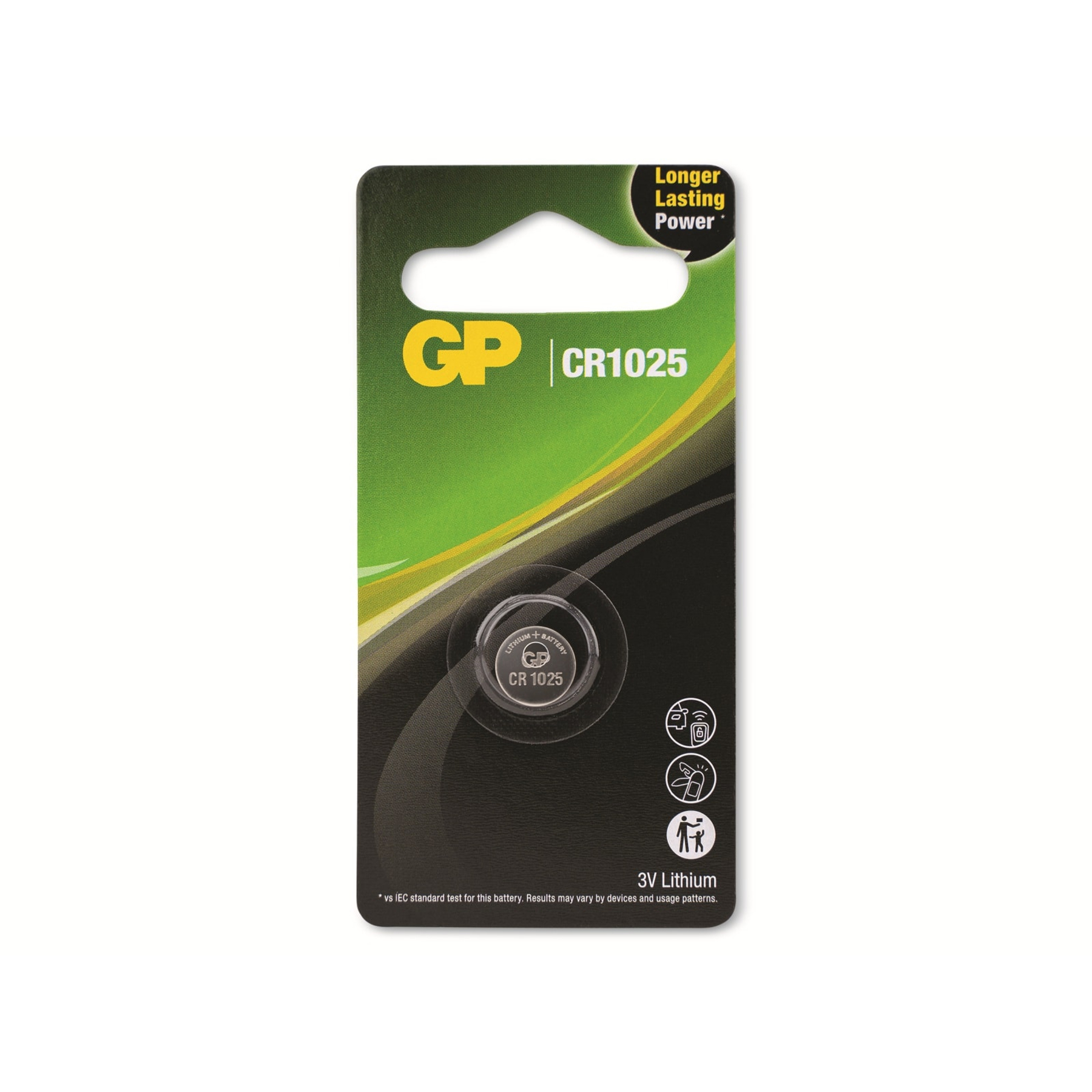 Bateria CR1025 w zielono-czarnym opakowaniu. Ma otwór u góry i napis 'Longer Lasting Power'.