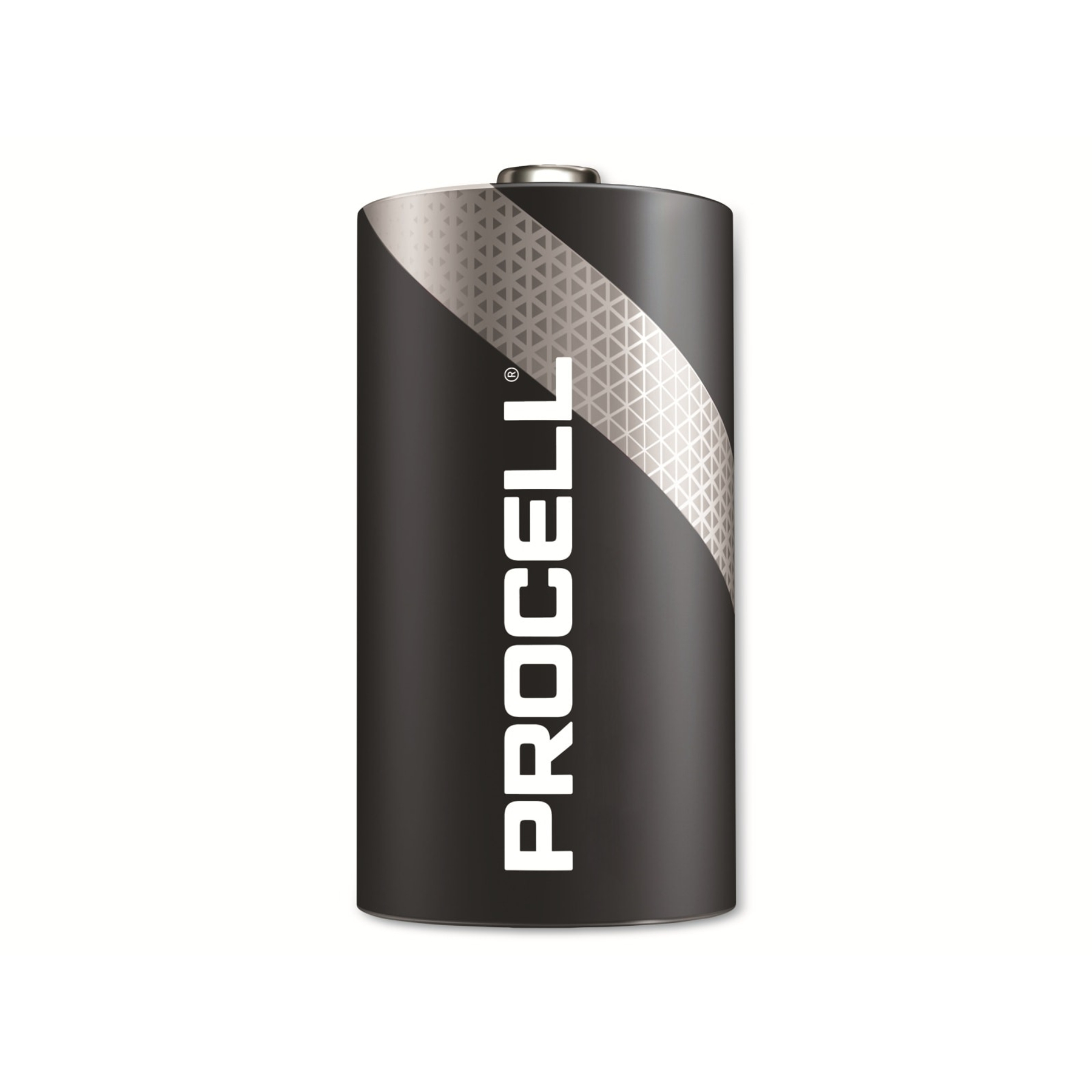 Eine Procell AA-Batterie auf weißem Hintergrund. Sie ist schwarz mit weißem Branding. Ein silberner Streifen verläuft diagonal.