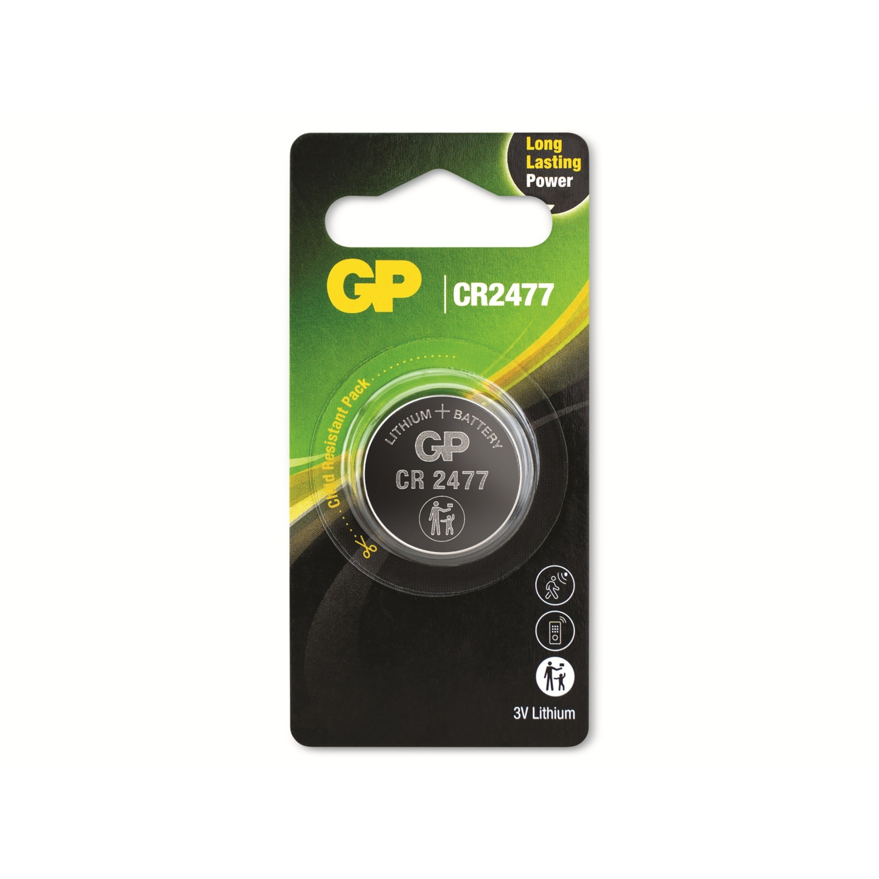 Eine GP CR2477 Lithium-Batteriepackung. Die Verpackung hat das GP-Logo, Batteriedetails und kindersicheres Design.