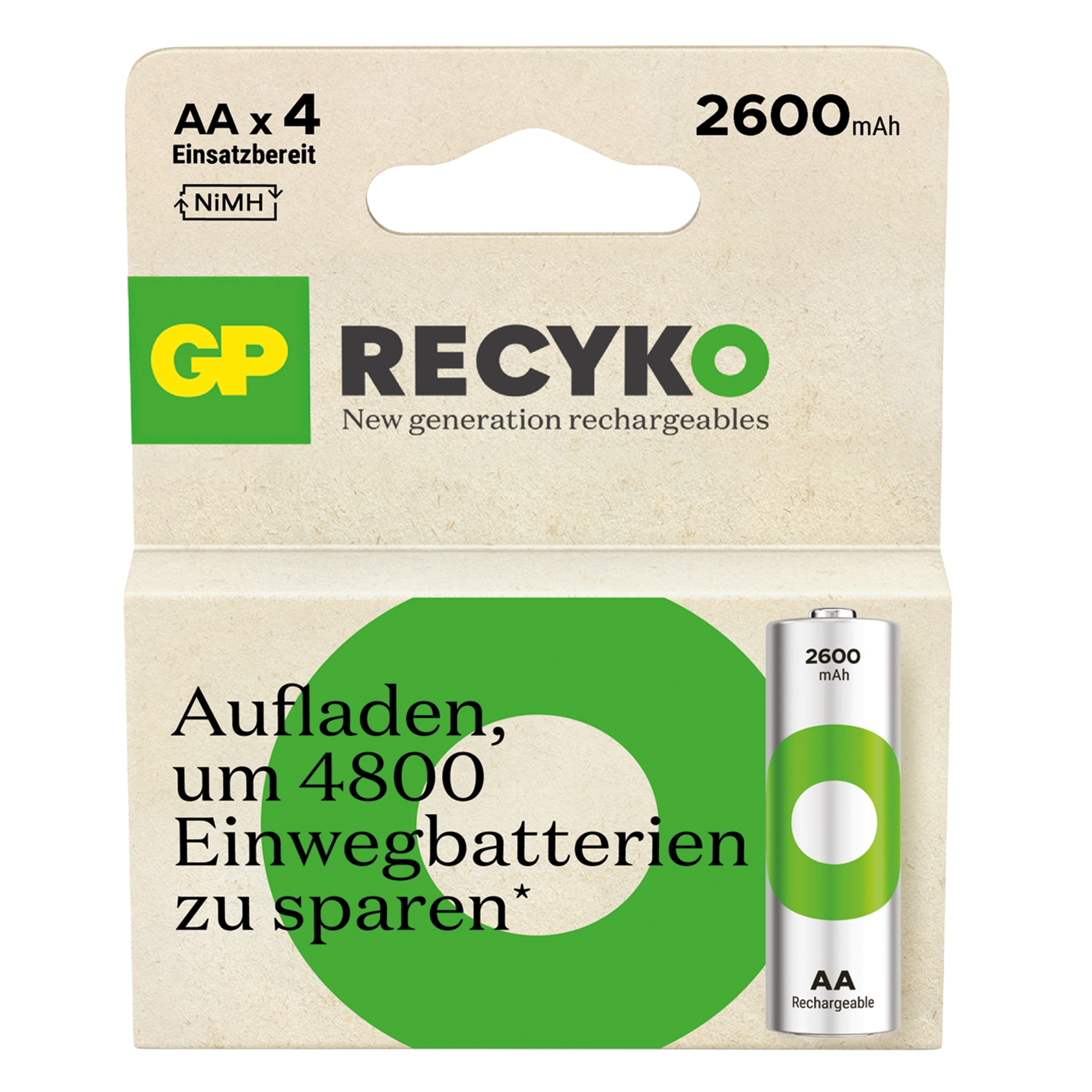 Opakowanie akumulatorów AA GP RECYKO. Ma zielono-biały design z niemieckim tekstem. Pokazuje pojemność baterii.