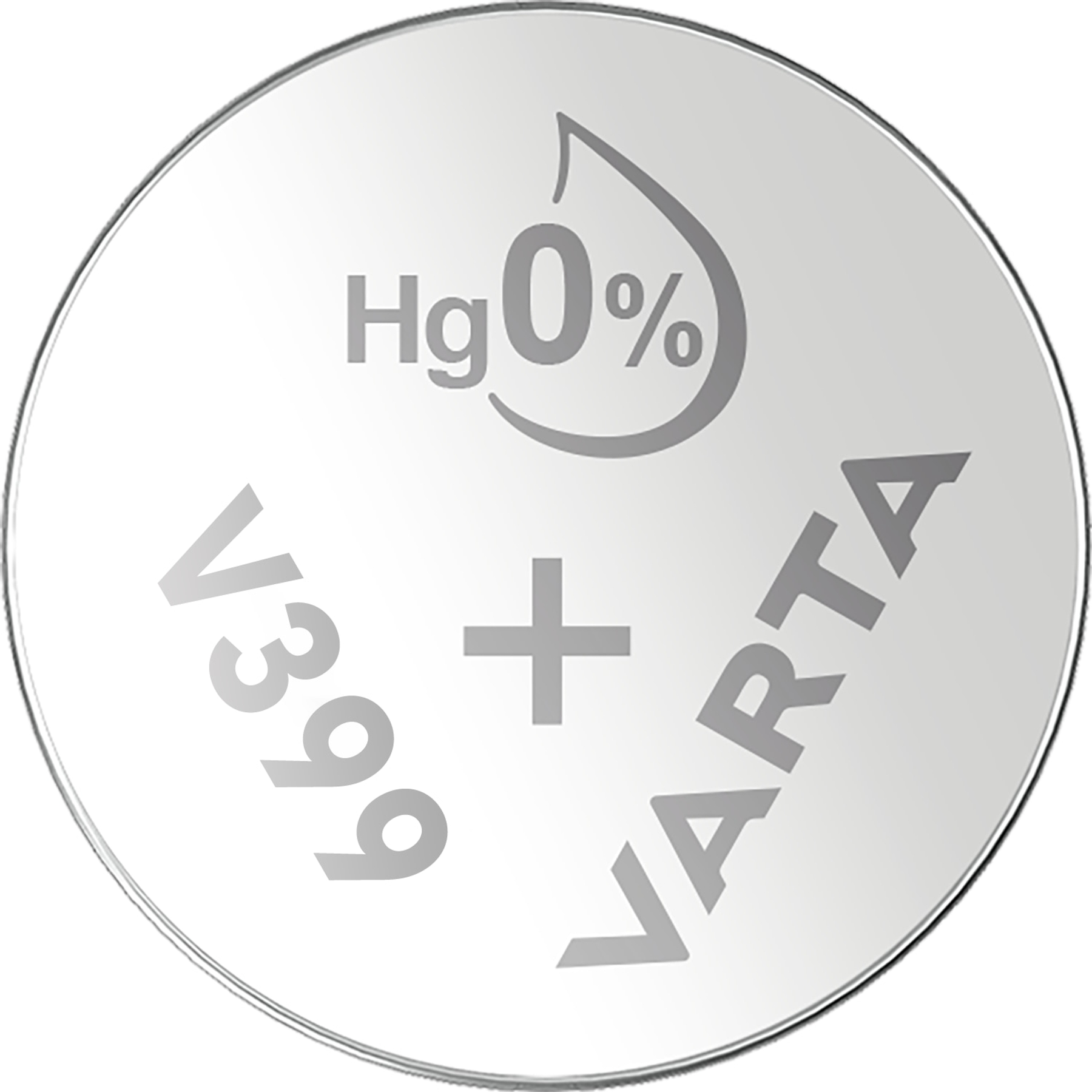 Eine silberne VARTA-Batterie mit Hg 0 %-Markierung. Der Text enthält V399 und ein Pluszeichen. Die Batterie ist kreisförmig.