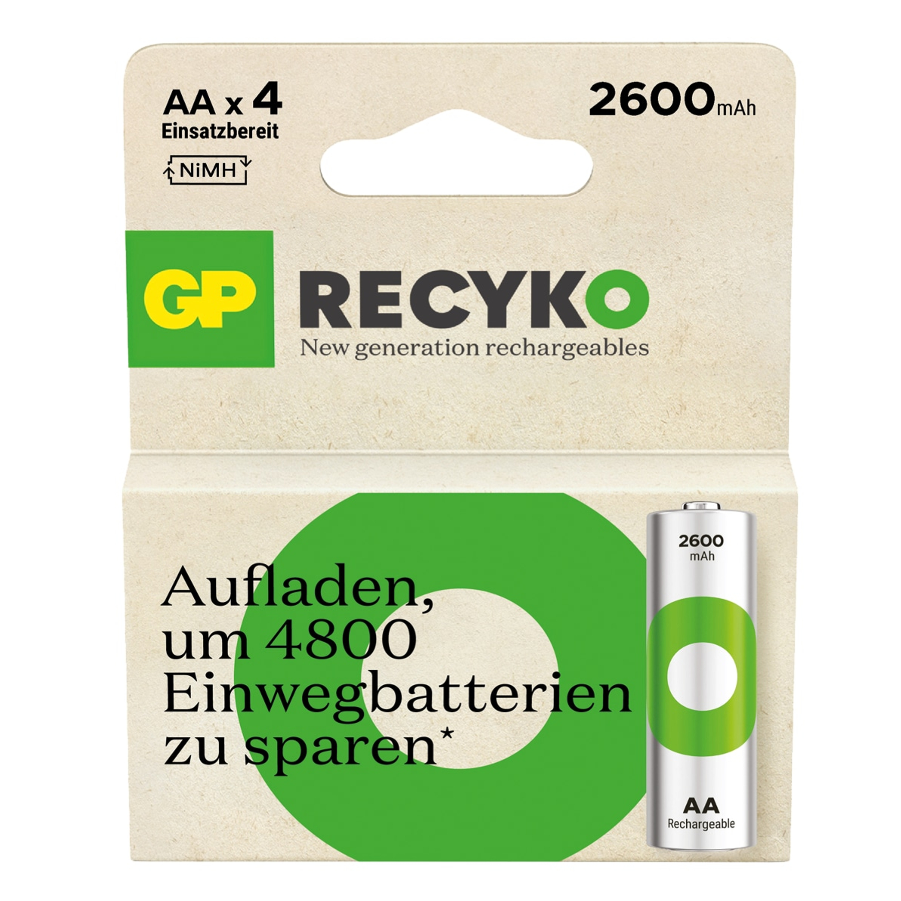 Opakowanie akumulatorów GP RECYKO. Pokazuje baterię i projekt opakowania z tekstem w języku niemieckim.