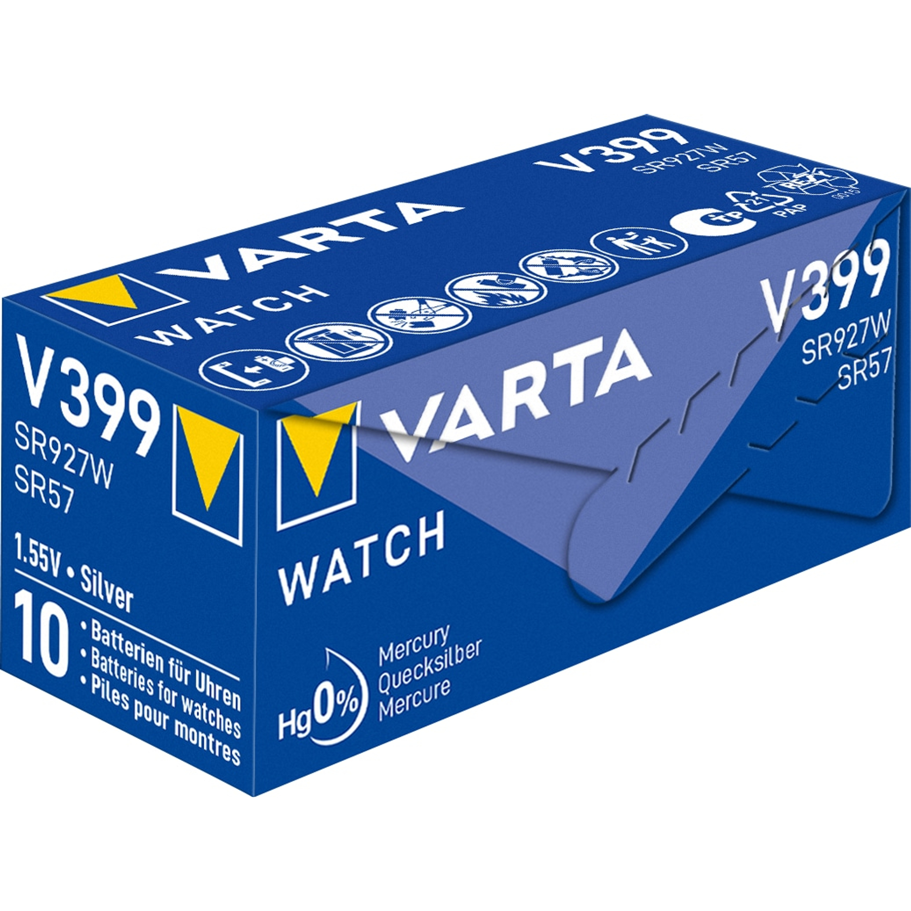 Eine blaue VARTA-Uhrenbatterie-Box. Sie zeigt das Modell V399, SR927W SR57 und erwähnt Silber, 10 Batterien und quecksilberfrei.