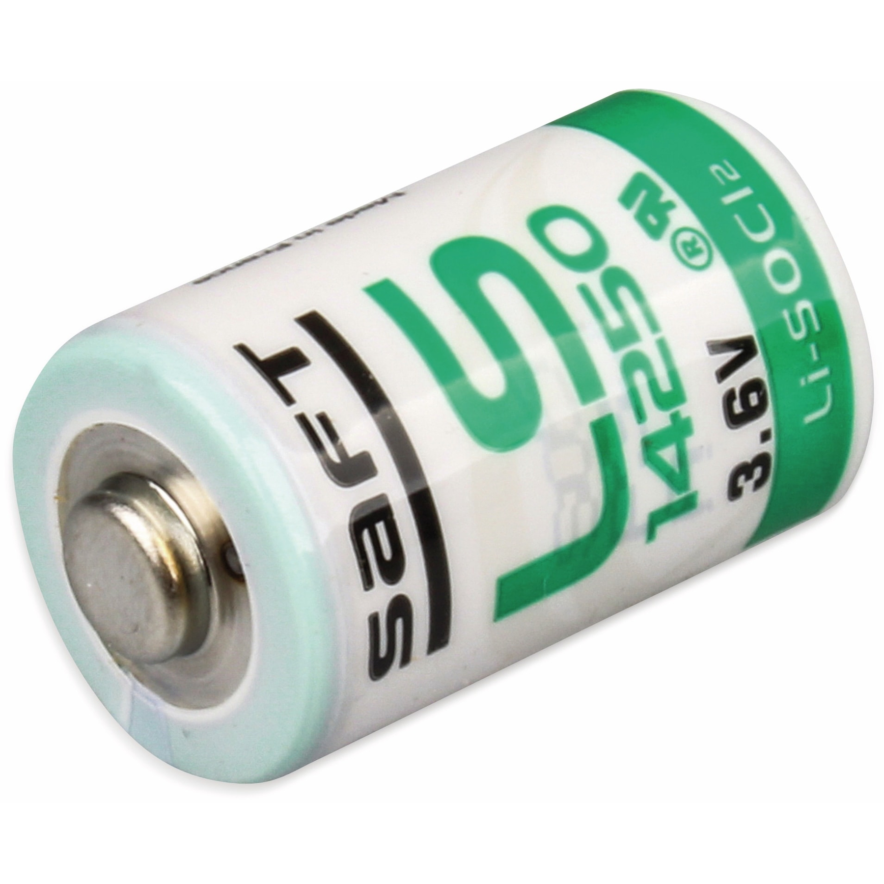 Eine zylindrische Batterie mit weißem Körper, grünen und schwarzen Markierungen. Sie hat eine silberne Oberseite und ist mit Spezifikationen beschriftet.