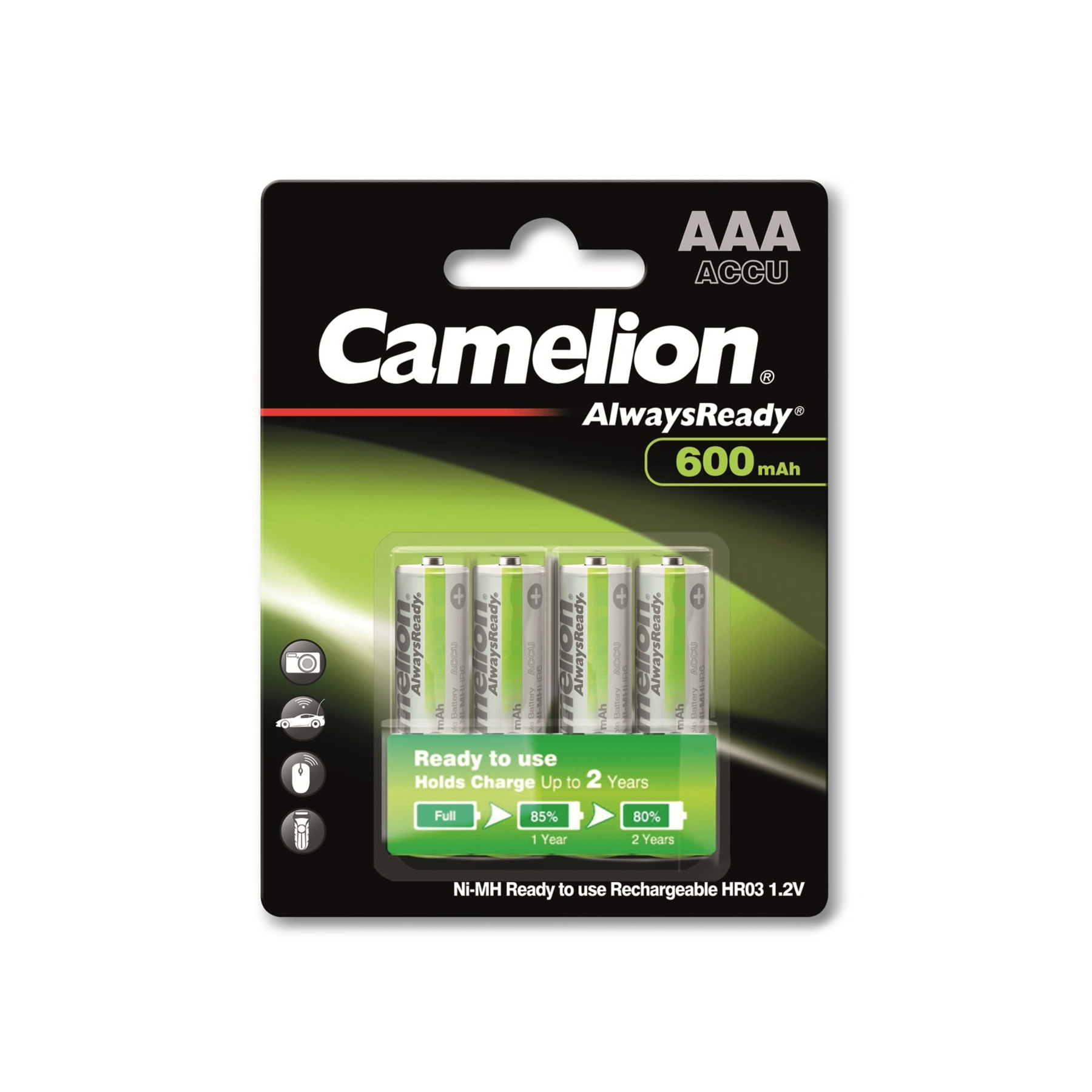 Confezione di batterie ricaricabili AAA Camelion. Presenta quattro batterie, colori verdi e bianchi e il logo Camelion.