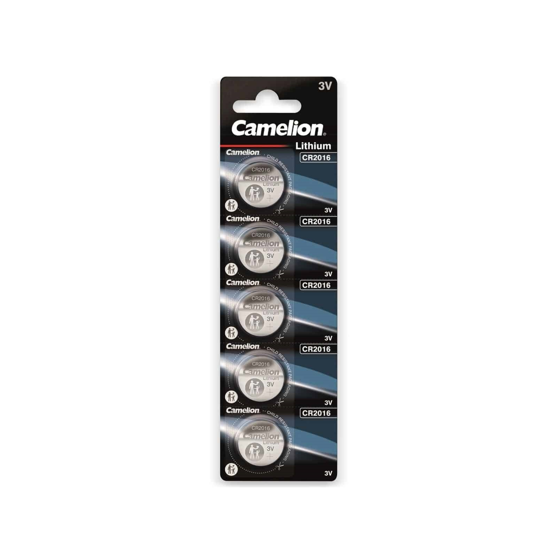 Una confezione di batterie Camelion CR2016. Ogni batteria è etichettata con 3V. La confezione presenta anche simboli di sicurezza.
