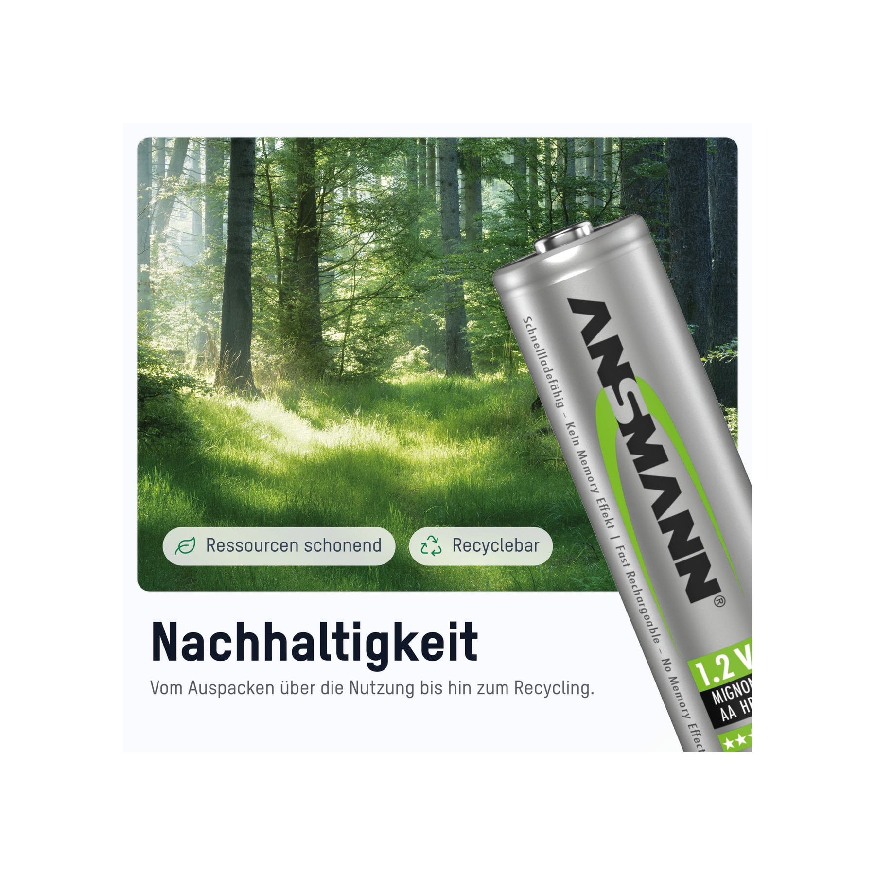 Eine ANSMANN-Batterie in einer Waldumgebung. Die Batterie ist silber und grün. Text auf der Batterie und 