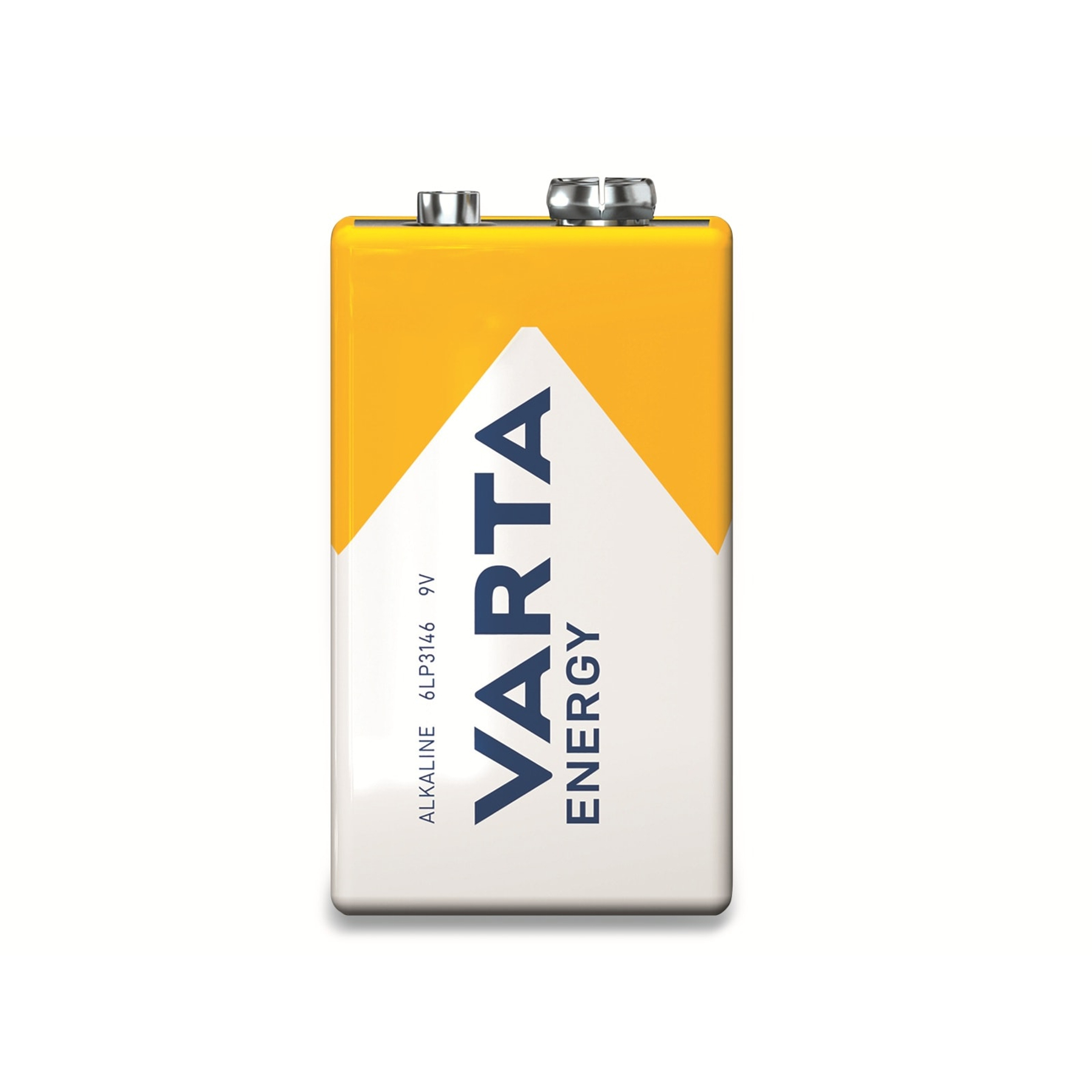 Una batería Varta de 9V. Tiene un cuerpo blanco con la parte superior amarilla. El logotipo de VARTA es visible. Dos terminales en la parte superior.