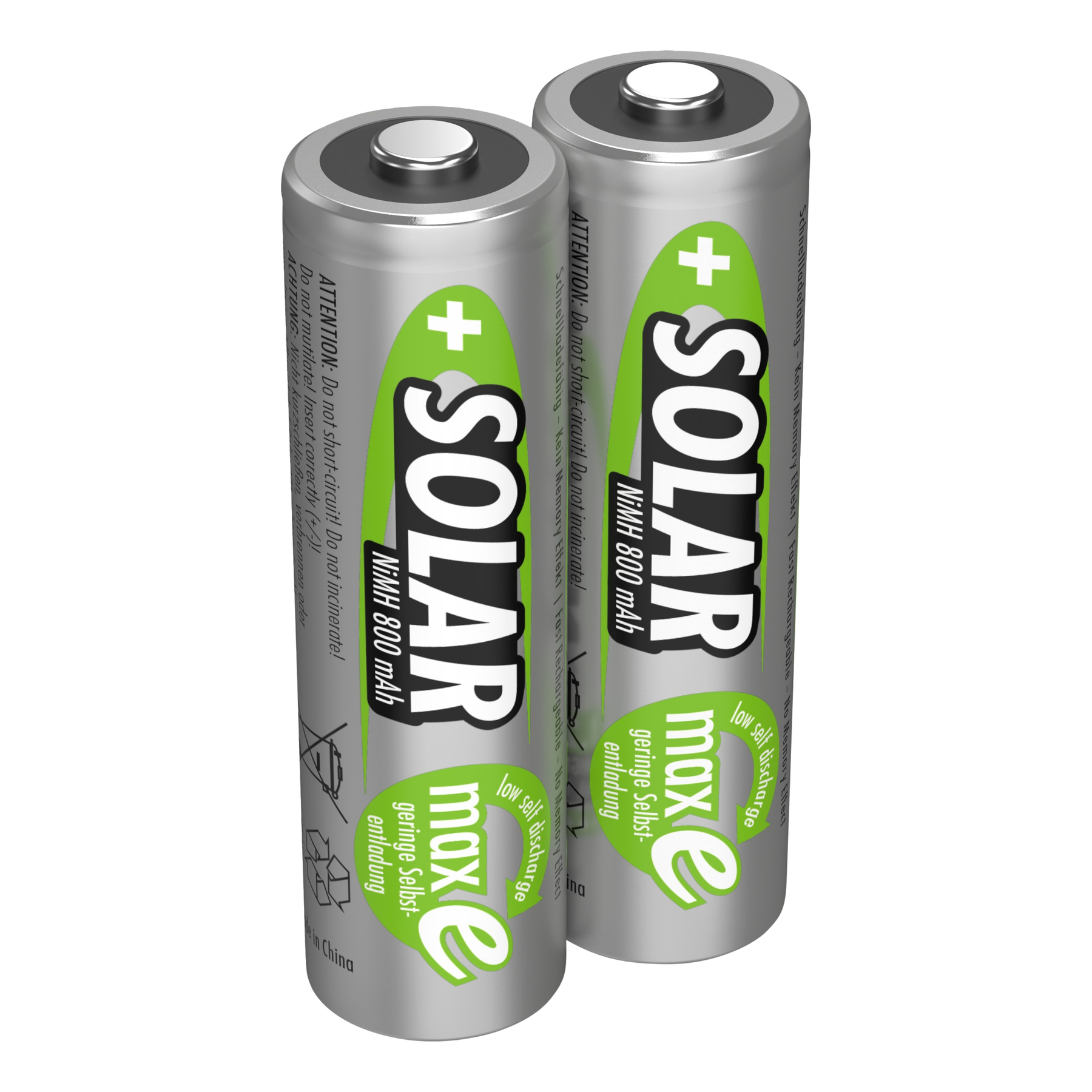 Zwei silberne NiMH 800 mAh Batterien. Jede hat ein grünes Etikett mit 'Solar' und 'max e'. Pluszeichen oben.