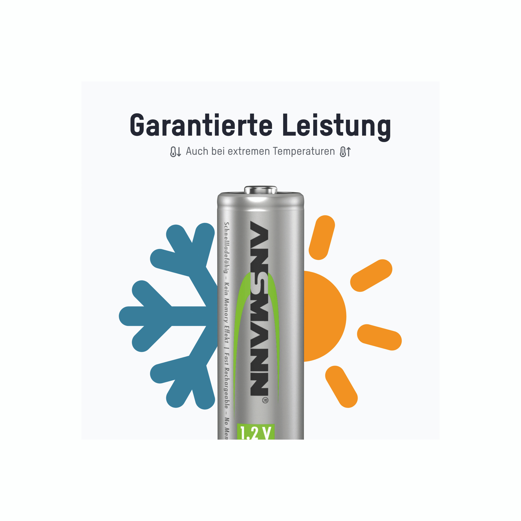 Das Bild zeigt eine Batterie mit einer orangefarbenen Sonne und einer blauen Schneeflocke auf beiden Seiten. Der Text lautet: Garantierte Leistung.