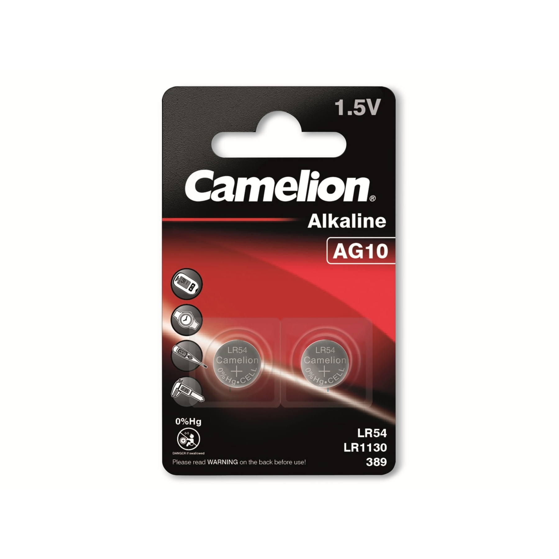 Eine Camelion Alkaline AG10 Batteriepackung. Sie hat zwei Batterien mit einem schwarz-roten Design. Die Batterien sind LR54.