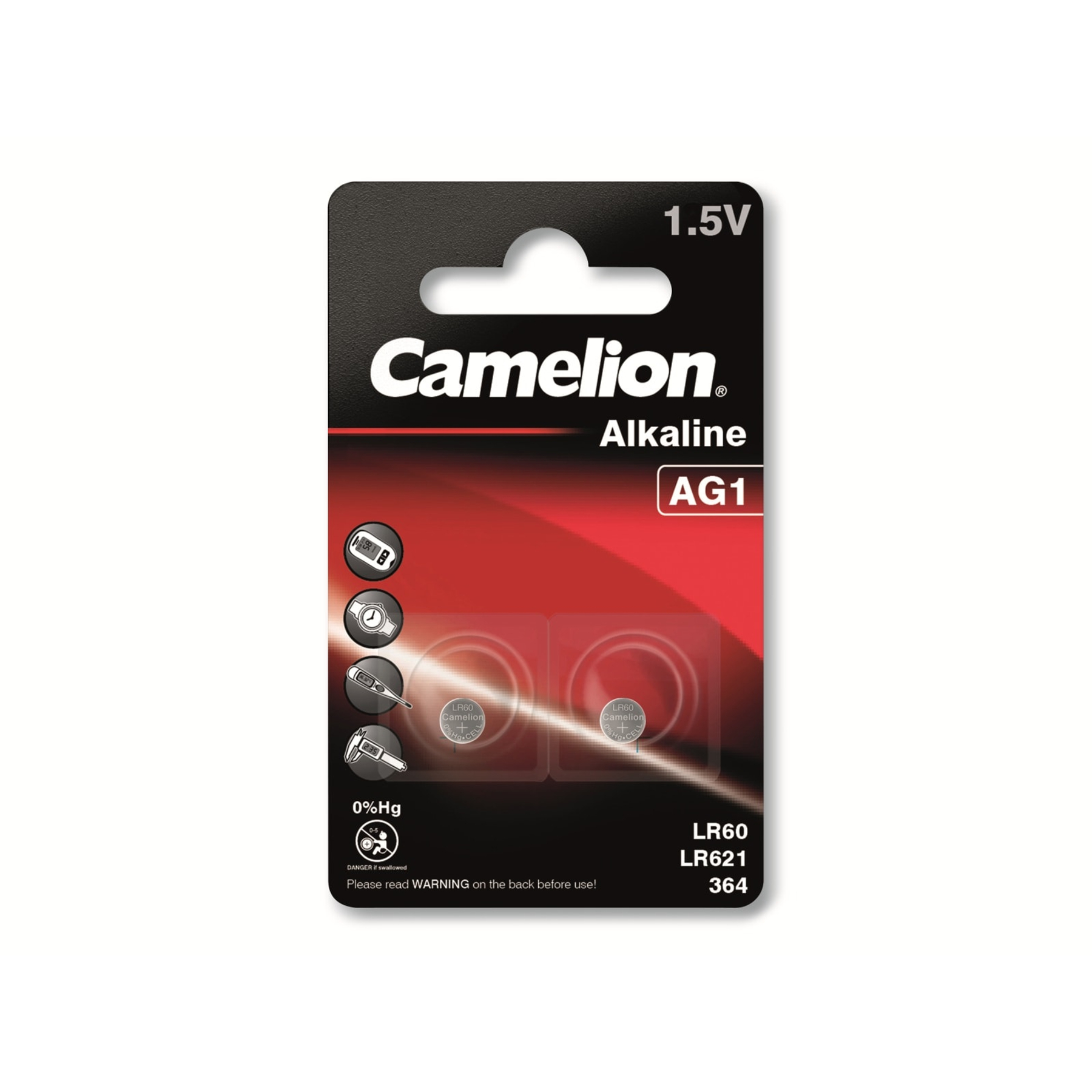 Eine Camelion Alkaline AG1 Batteriepackung. Sie zeigt zwei Batterien, Symbole und Textetiketten.