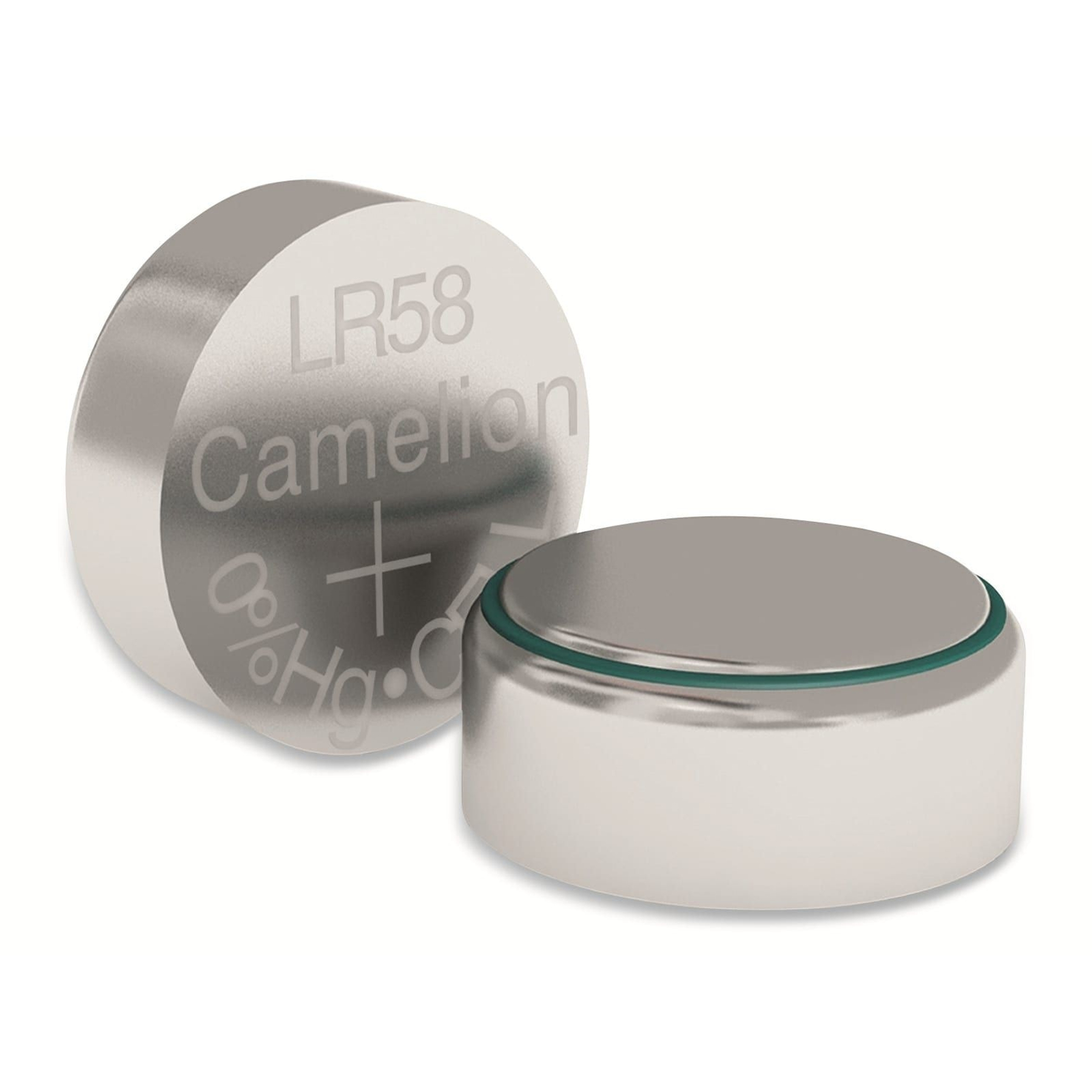 Zwei silberne LR58 Camellion-Batterien werden angezeigt. Eine steht aufrecht mit Text, die andere liegt flach und zeigt einen grünen Rand.