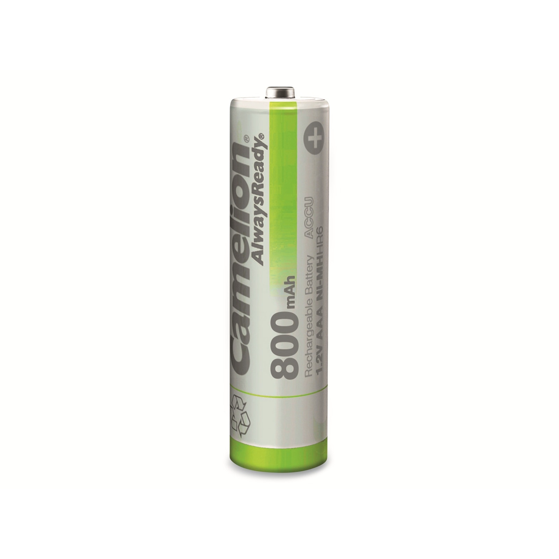 Una batteria AA verticale con etichetta verde e bianca. C'è scritto 'Camelion AlwaysReady' e '800 mAh'.