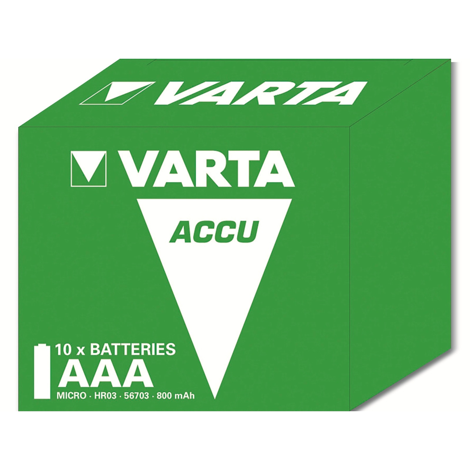 Grüne Varta Accu-Box. Die Box hat weiße Schrift, einschließlich des Markennamens und Text, der AAA-Batterien angibt.