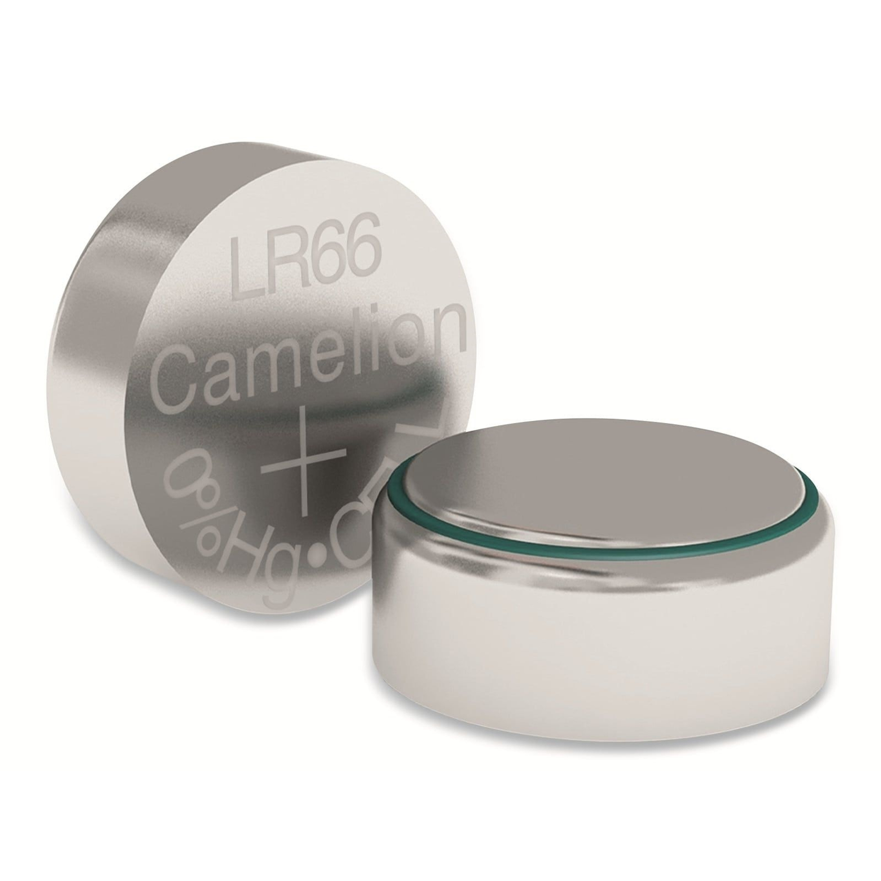 Dwie srebrne baterie LR66. Jedna pokazuje markę i specyfikacje, druga ma zielony pierścień.