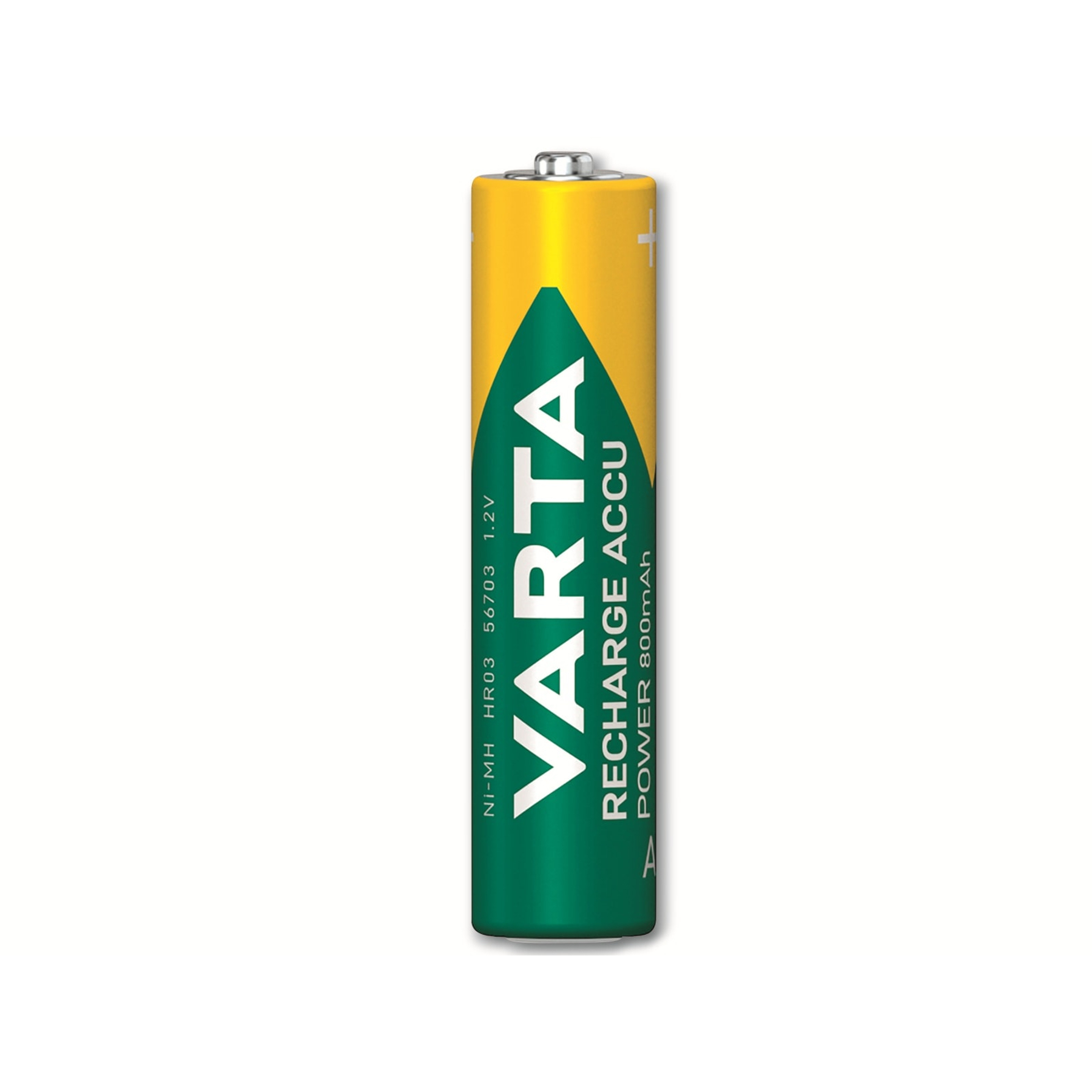 Eine Varta Recharge Accu AA-Batterie auf weißem Hintergrund. Die Batterie ist gelb und grün mit weißem Text.