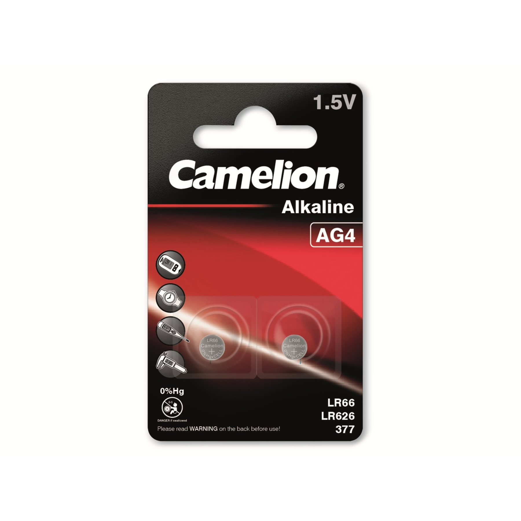 Camelion AG4 Alkaline-Batteriepackung. Enthält zwei Batterien. Schwarze und rote Verpackung. Text enthält '1,5V', 'Alkaline' und Modellnummern.