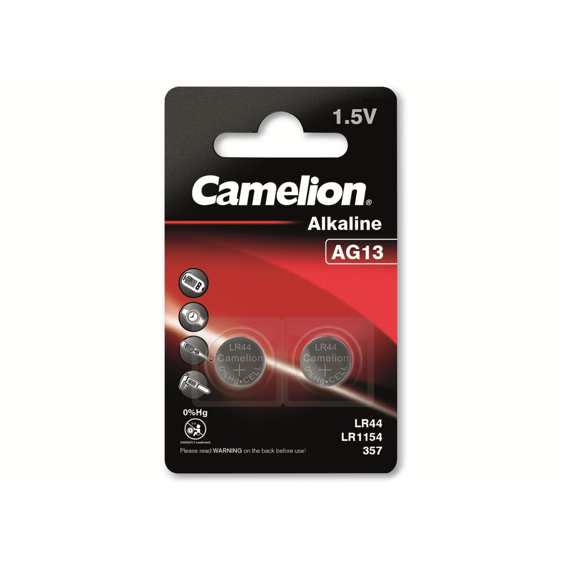 Eine Batteriepackung mit der Aufschrift 'Camelion', die zwei LR44-Batterien enthält. Die Verpackung ist schwarz und rot.