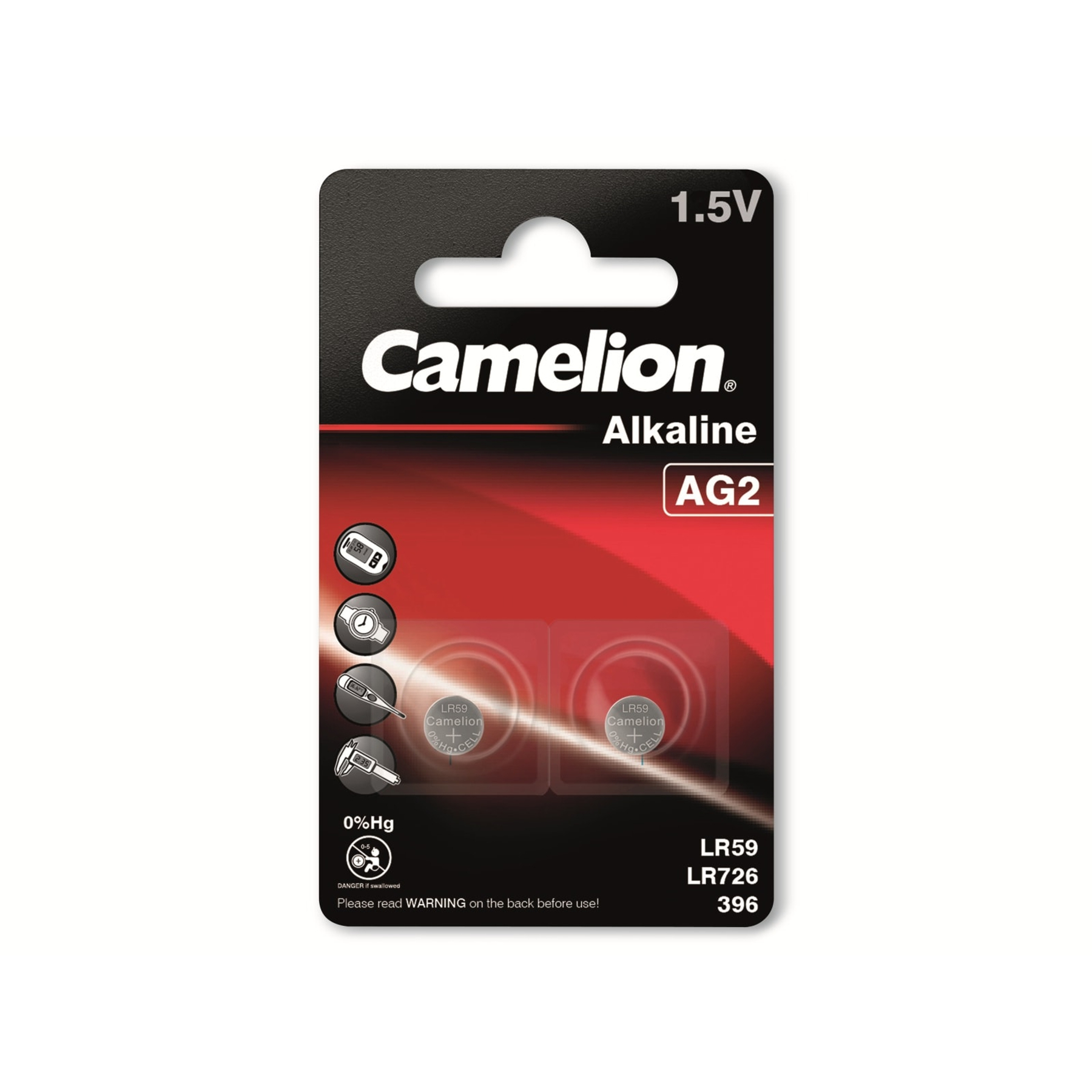 Eine Camelion AG2 Batteriepackung. Schwarz-rote Verpackung zeigt zwei Batterien, Produktinfo, Symbole und Warnhinweise.