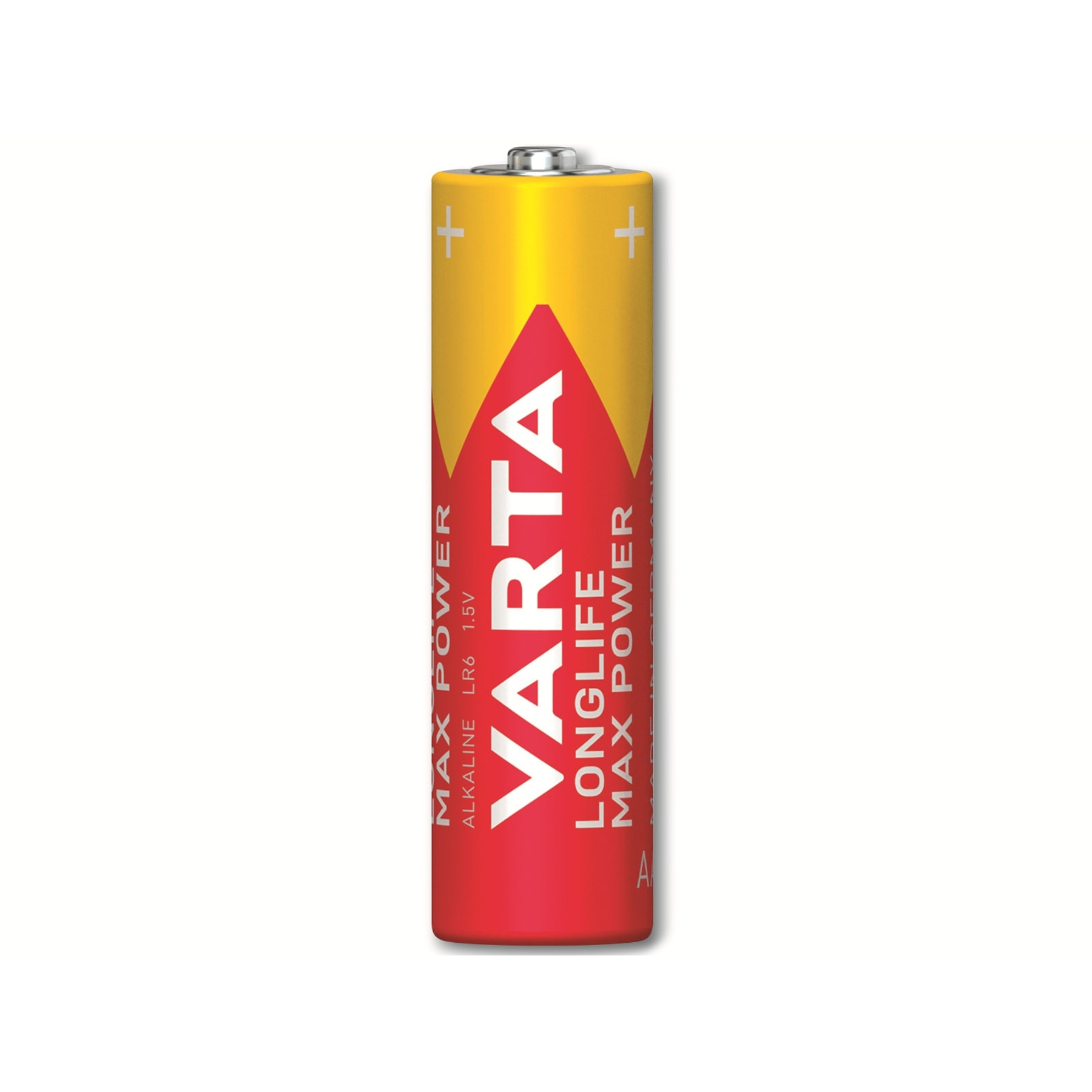 Une pile Varta Max Power AA. Elle a un design rouge et jaune avec le logo Varta et les détails du produit.