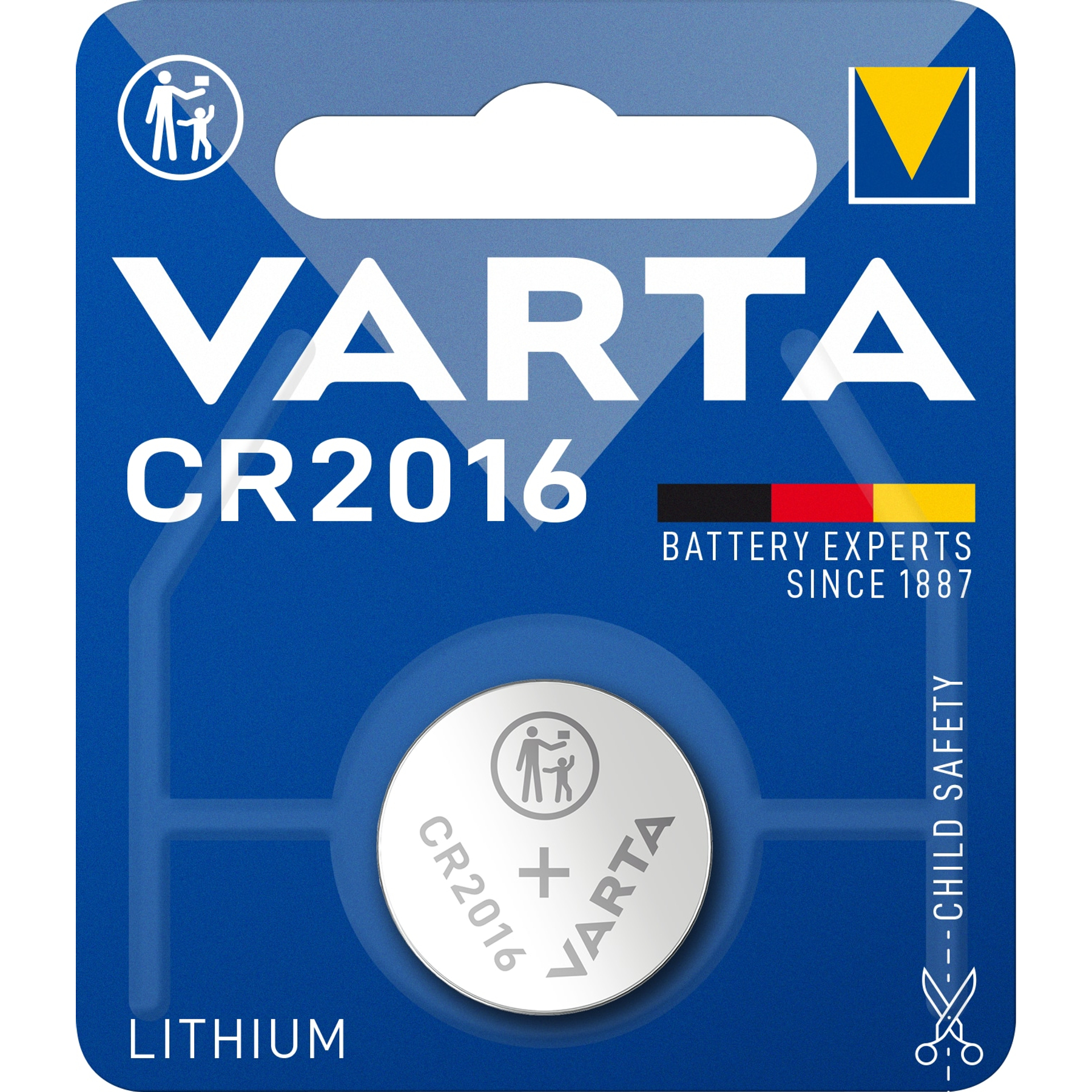 A blue Varta CR2016 lithium battery pack. It has a white logo, text, and a button cell battery.
