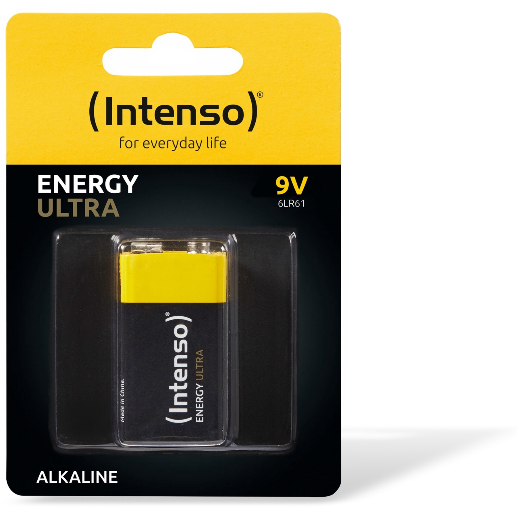 Żółto-czarna bateria Intenso 9V w plastikowym blistrze. Opakowanie zawiera nazwę marki i słowa 'ENERGY ULTRA'.