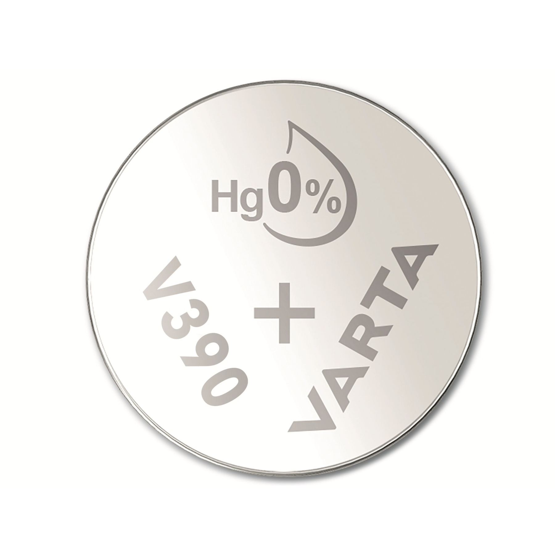 Okrągła bateria Varta z tekstem: V390, Hg 0% i VARTA. Metalowa obwódka na białym tle.