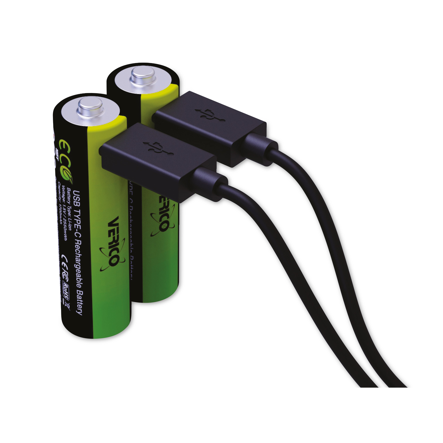 Zwei grüne und schwarze Akkus sind über schwarze USB-C-Kabel mit einem weißen Hintergrund verbunden.