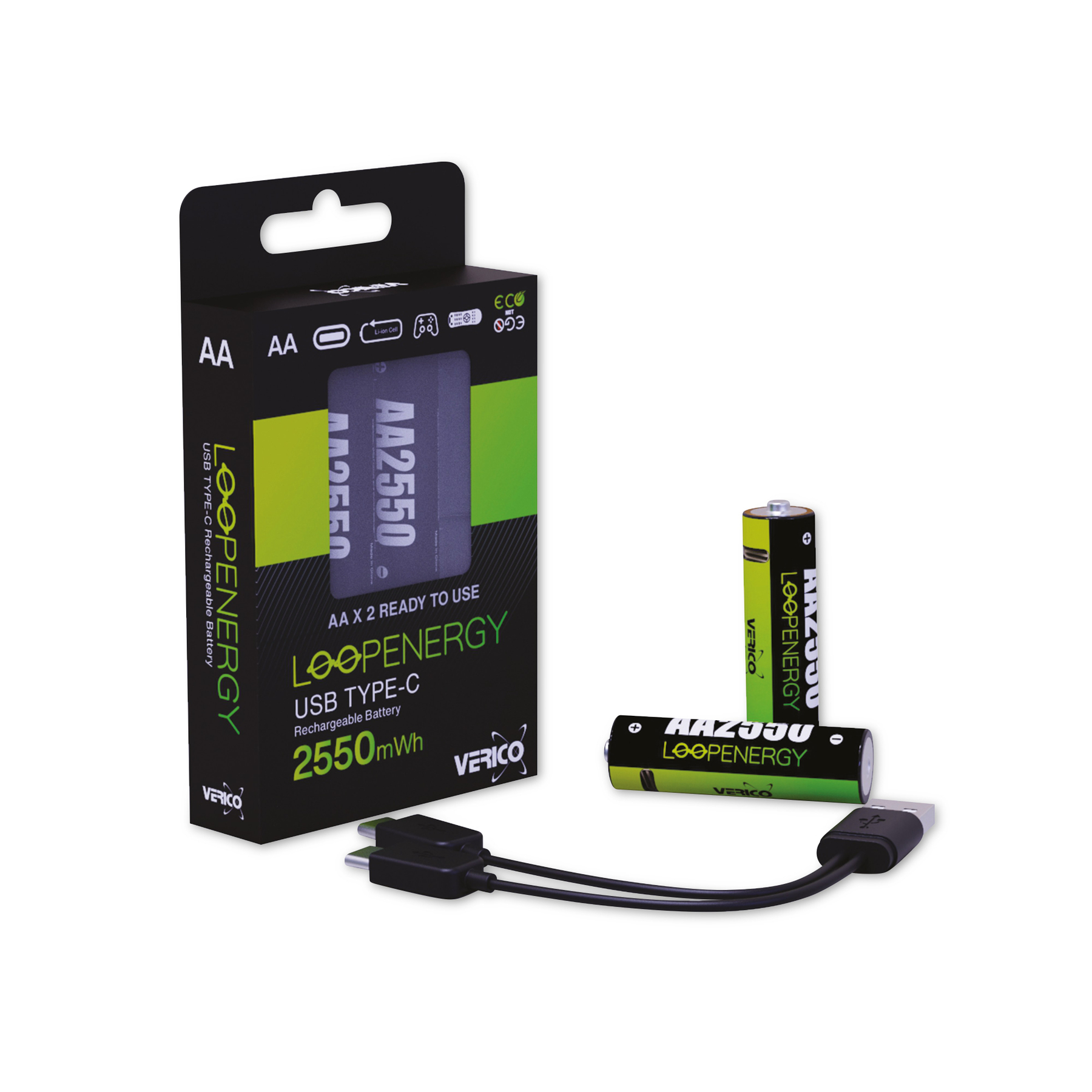 Ein Produktfoto zeigt AA-Batterien, ein Ladekabel und eine Verpackung. Die Batterien sind mit 'Loopenery', 'Verico' und 'AA2550' beschriftet.