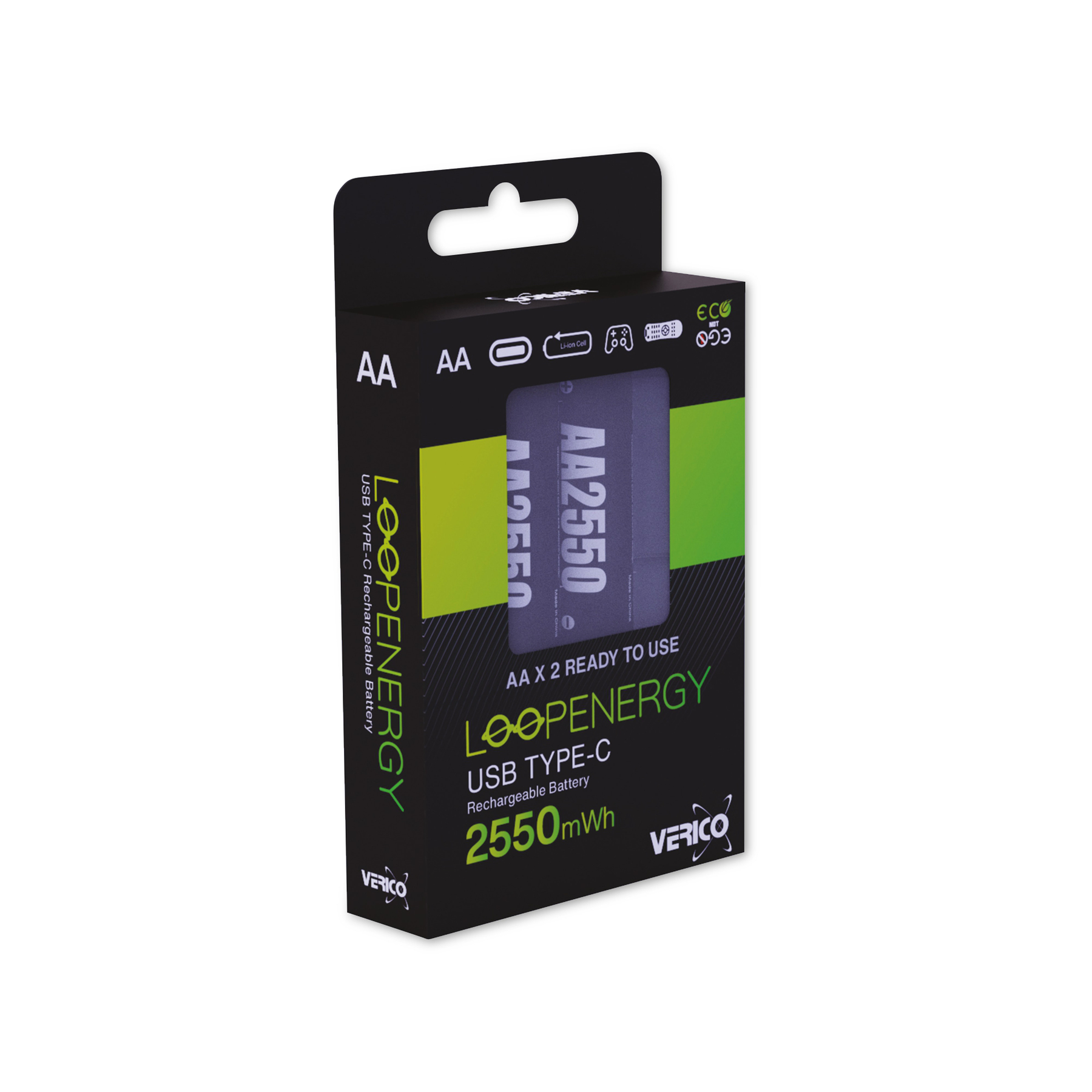 Eine schwarze Schachtel mit AA-Batterien der Marke Loopenergy. Die Batterien sind AA2550 USB Typ C wiederaufladbare Batterien.