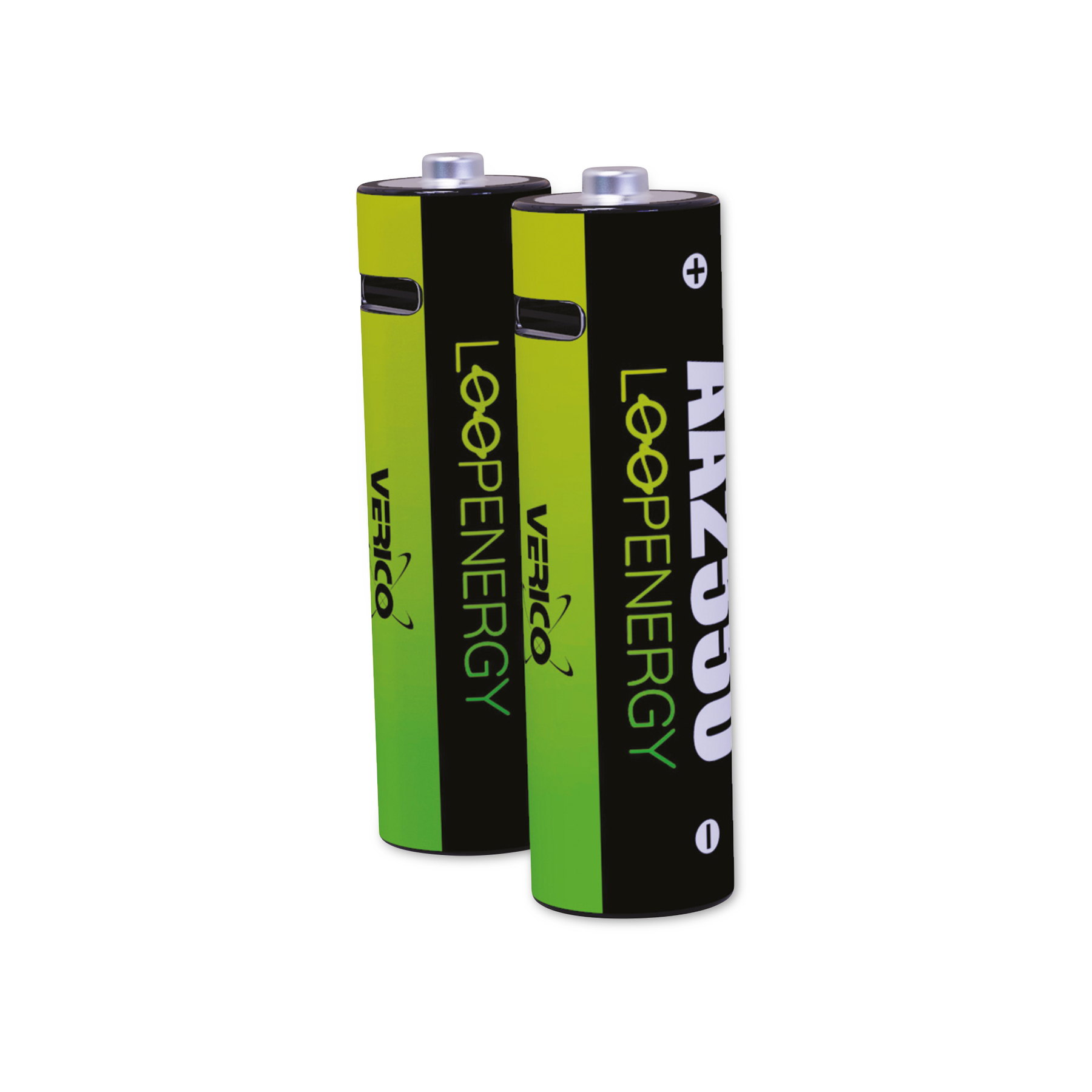 Zwei AA-Batterien mit schwarzen und grünen Etiketten, das Wort LOOPENERGY ist sichtbar.