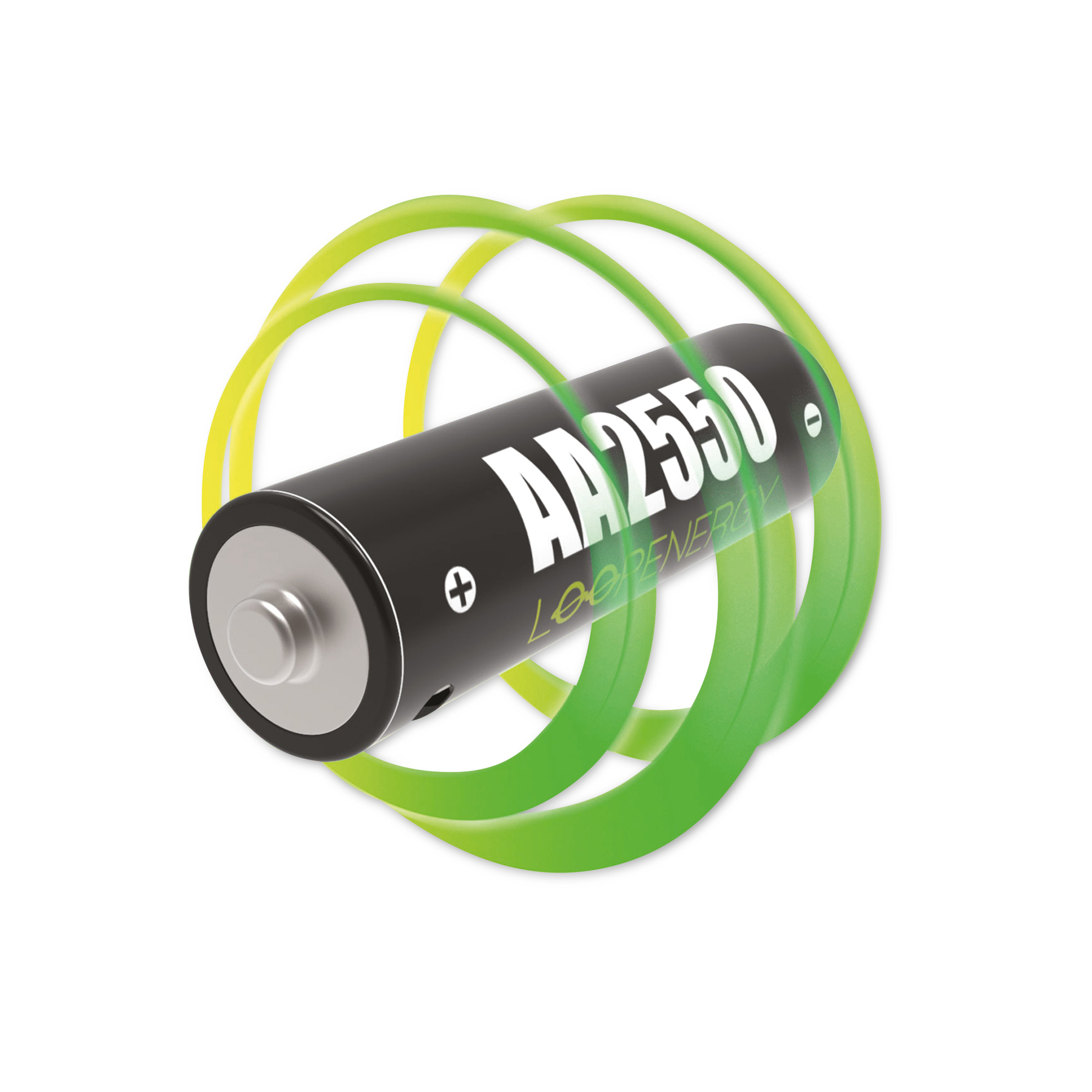 Schwarze AA-Batterie mit weißem Text 'AA2550' und grünen Wirbeln auf weißem Hintergrund.