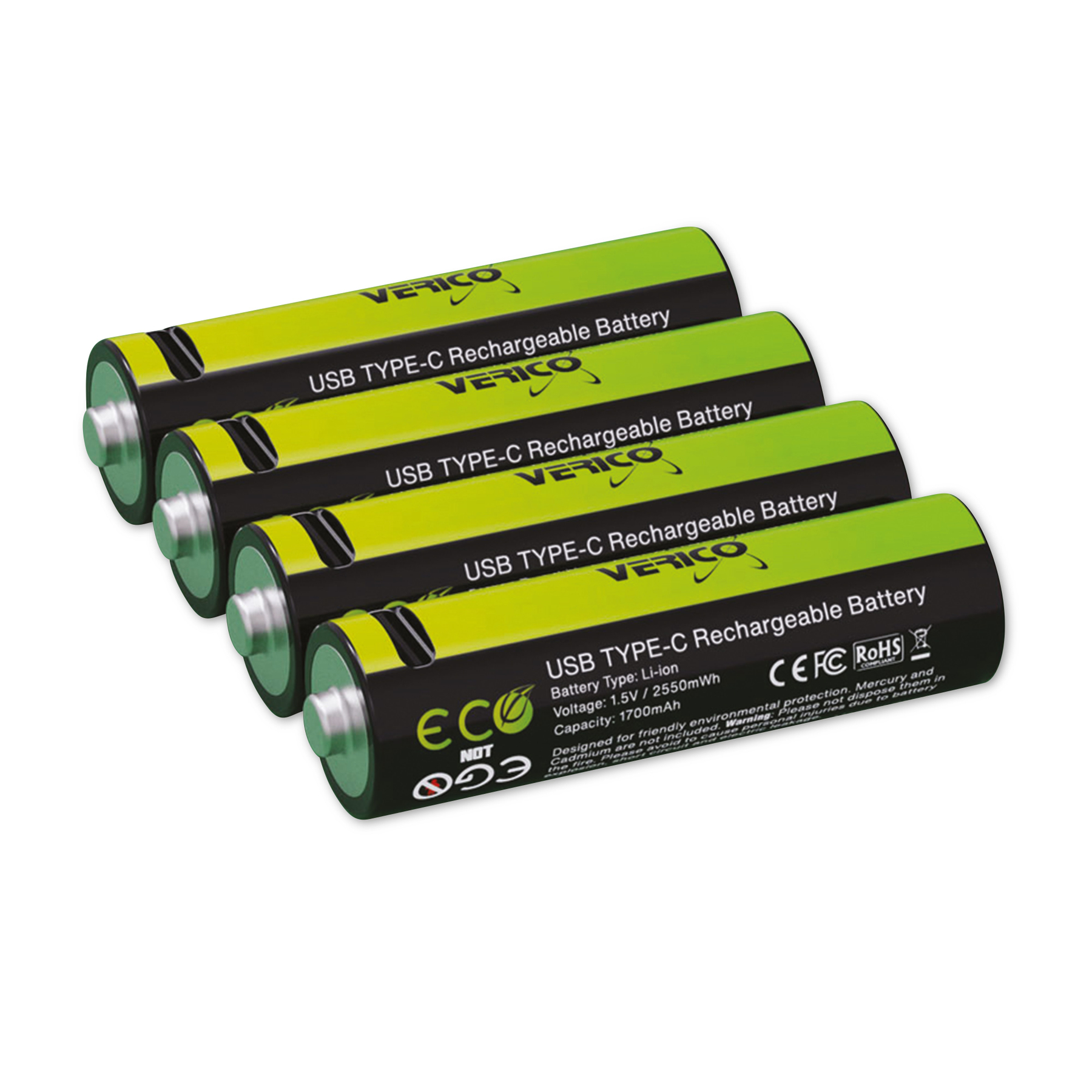 Vier wiederaufladbare Batterien werden gezeigt. Sie sind schwarz und grün, mit Text, der darauf hinweist, dass sie USB Typ-C und umweltfreundlich sind.